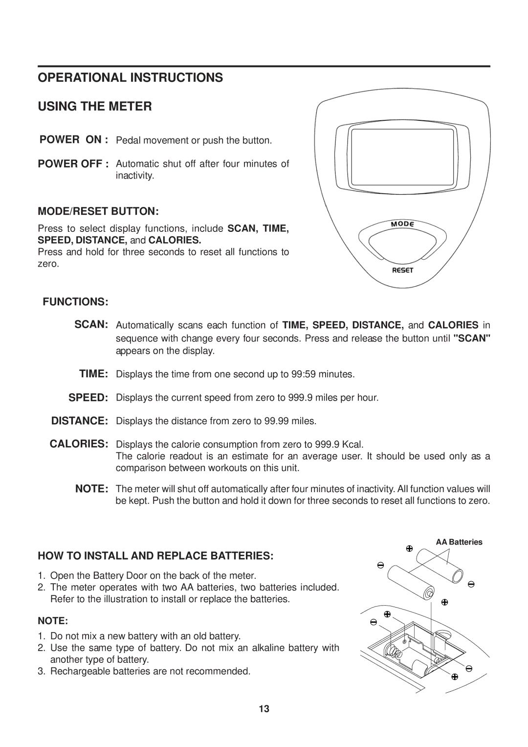 Stamina Products 1300 owner manual Operational Instructions Using the Meter, MODE/RESET Button, Functions 