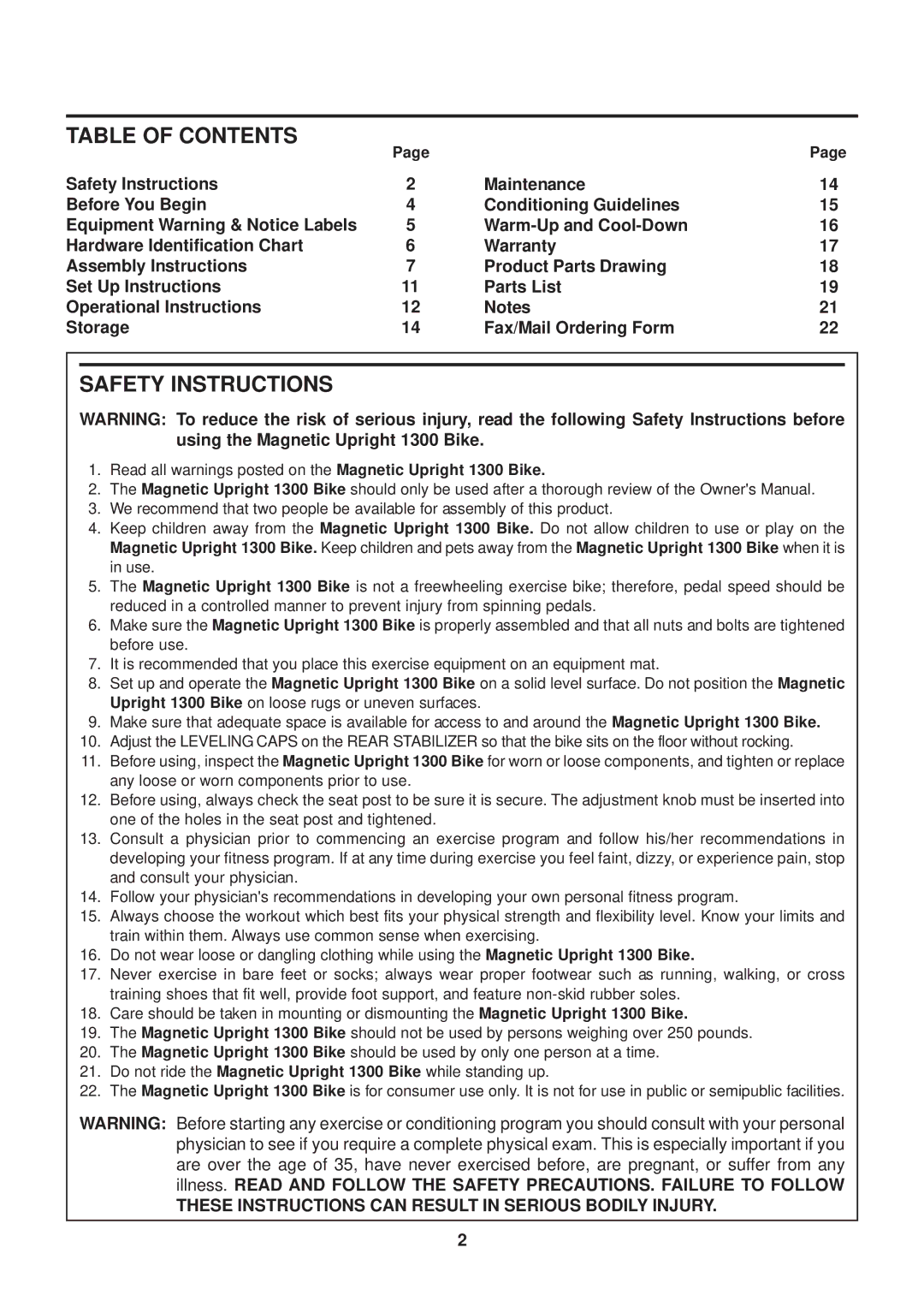 Stamina Products 1300 owner manual Table of Contents, Safety Instructions 