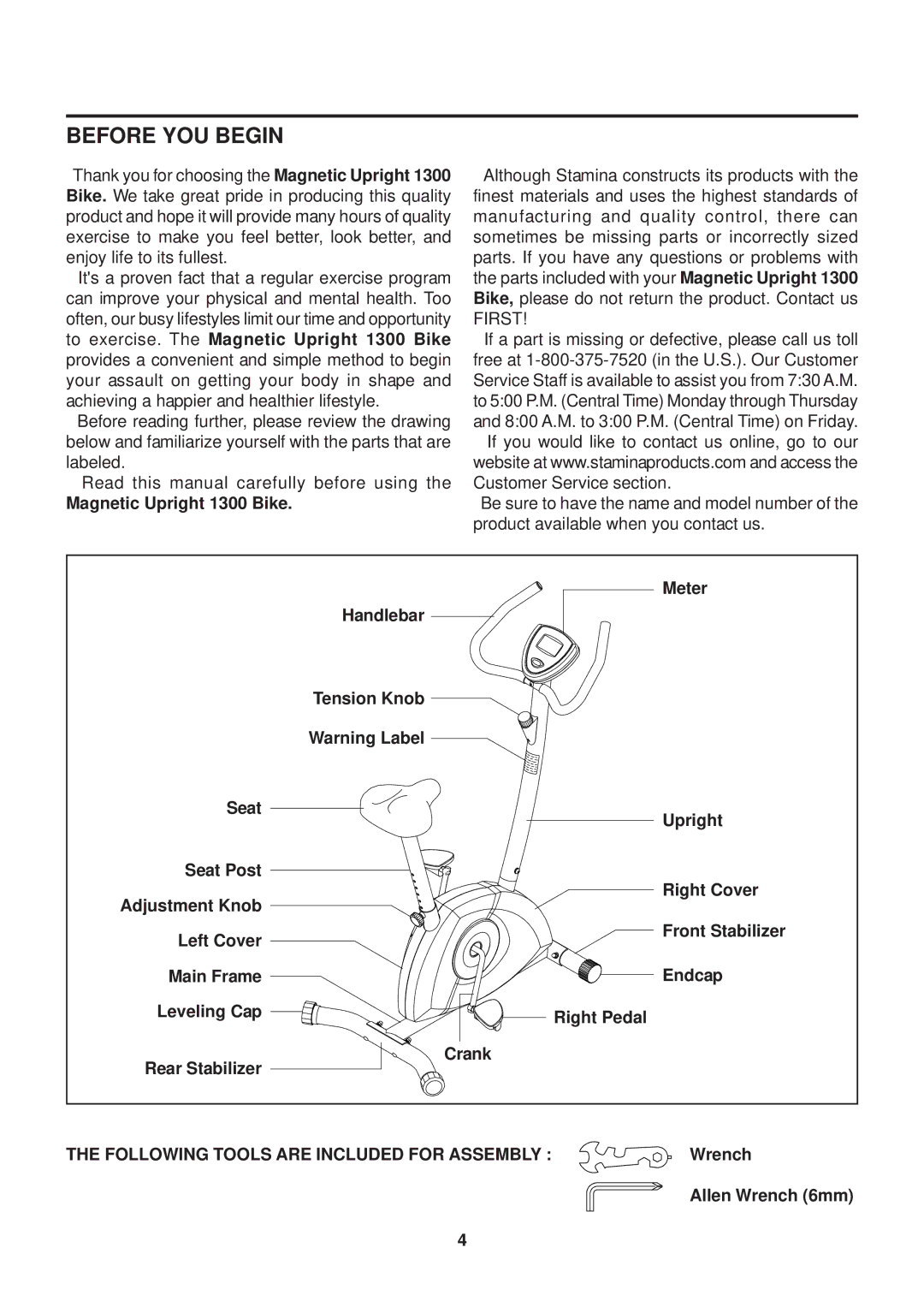 Stamina Products owner manual Before YOU Begin, Magnetic Upright 1300 Bike 