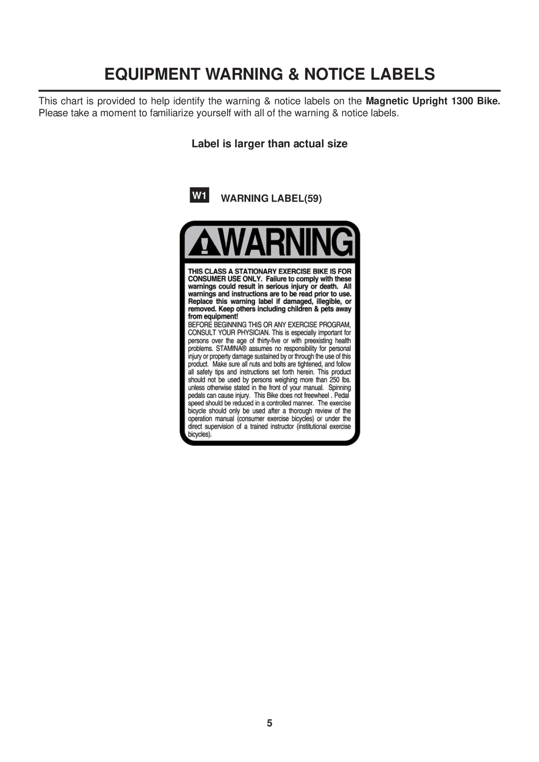 Stamina Products 1300 owner manual Equipment Warning & Notice Labels 