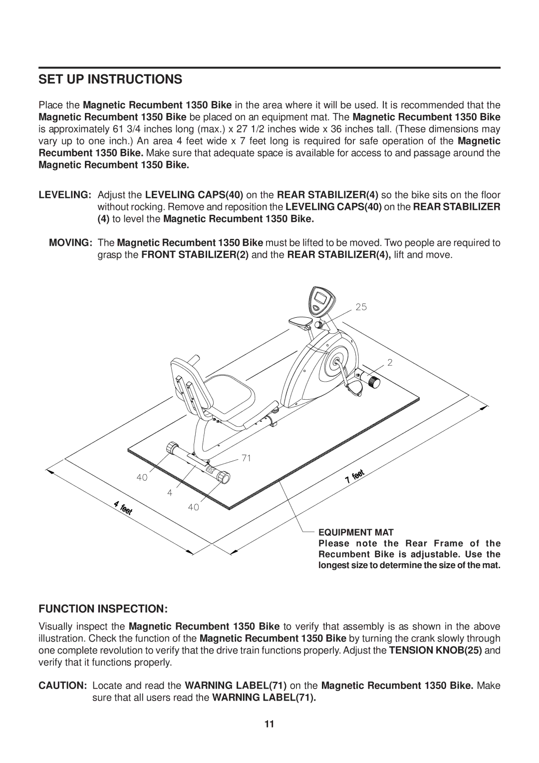 Stamina Products 1350 owner manual SET UP Instructions, Function Inspection 