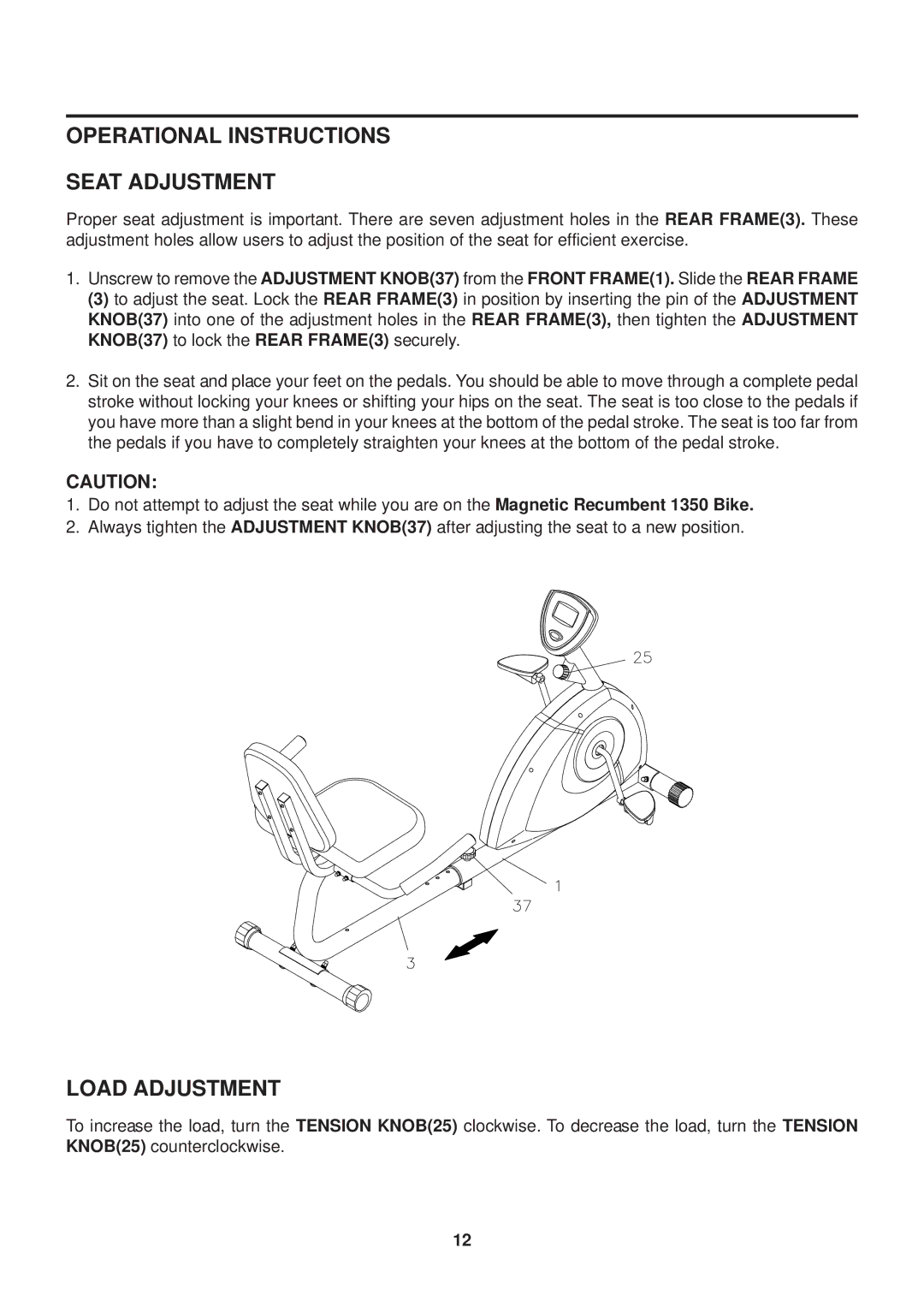 Stamina Products 1350 owner manual Operational Instructions Seat Adjustment, Load Adjustment 