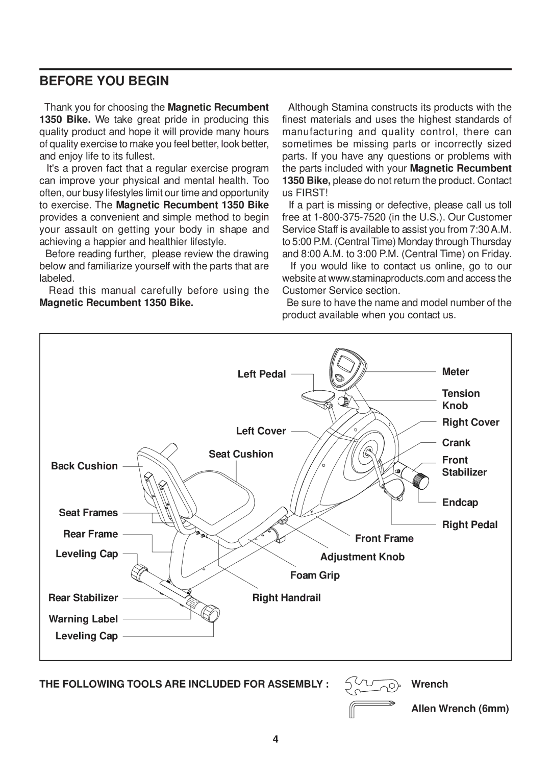 Stamina Products owner manual Before YOU Begin, Magnetic Recumbent 1350 Bike 