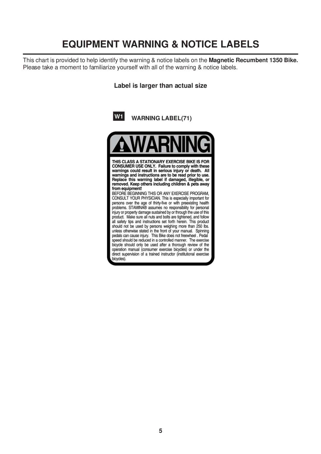 Stamina Products 1350 owner manual Equipment Warning & Notice Labels 