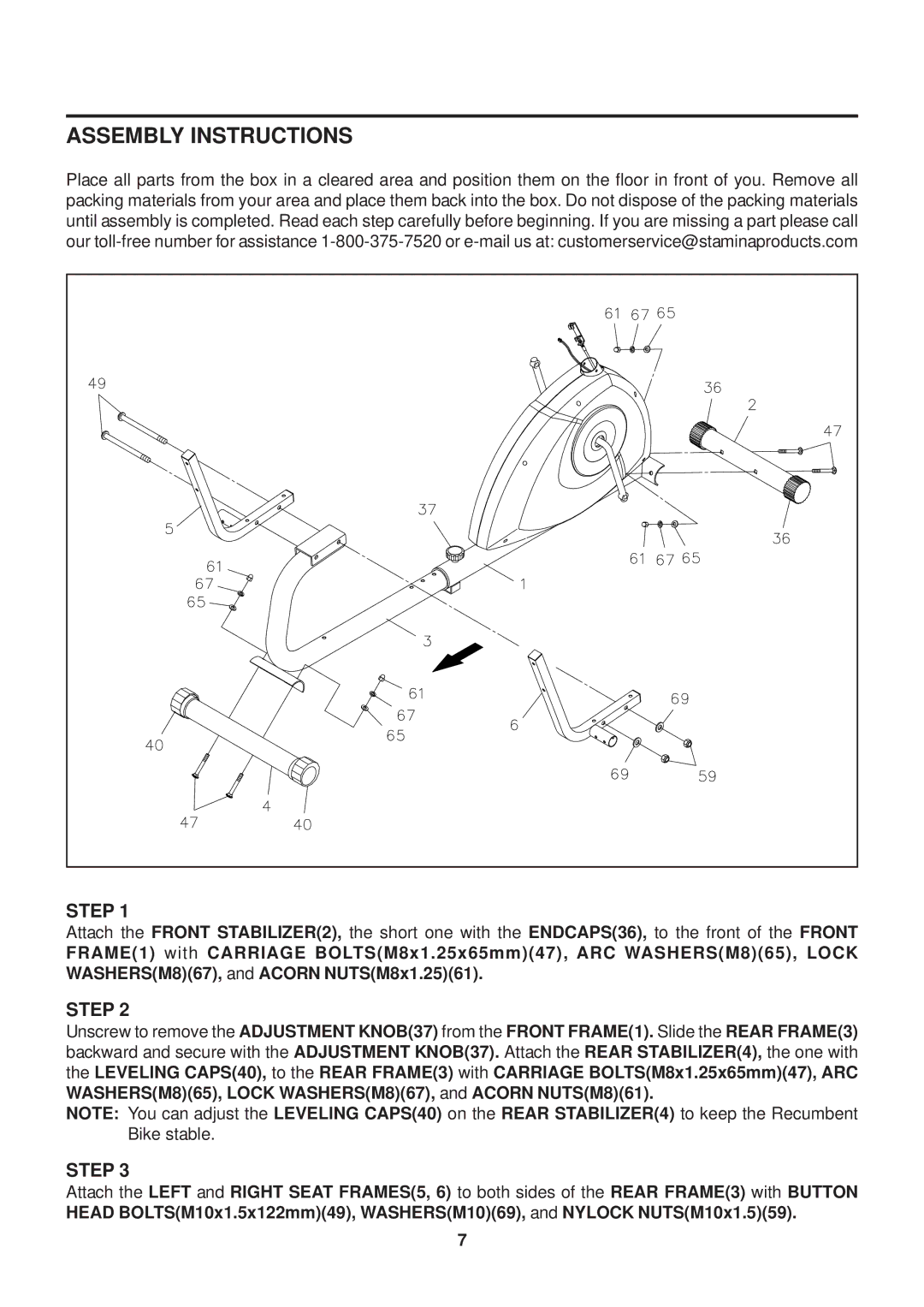 Stamina Products 1350 owner manual Assembly Instructions, Step 