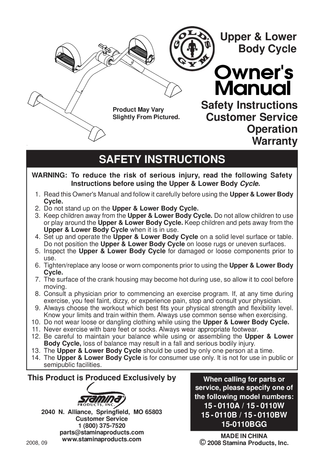 Stamina Products 15 - 0110B warranty Safety Instructions, Cycle Do not stand up on the Upper & Lower Body Cycle 