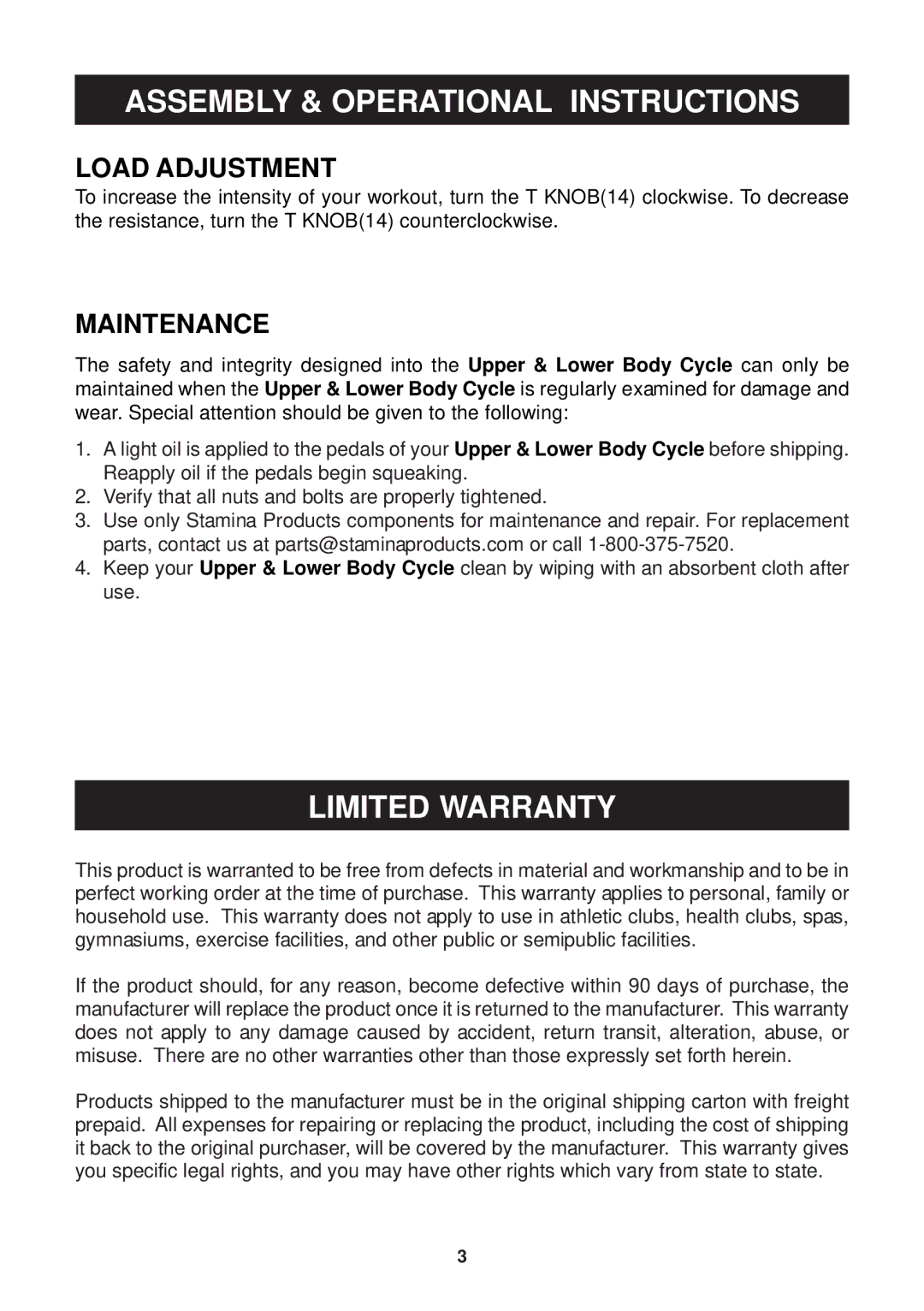 Stamina Products 15 - 0110BW, 15 - 0110W, 15-0110BGG, 15 - 0110A warranty Limited Warranty, Load Adjustment 