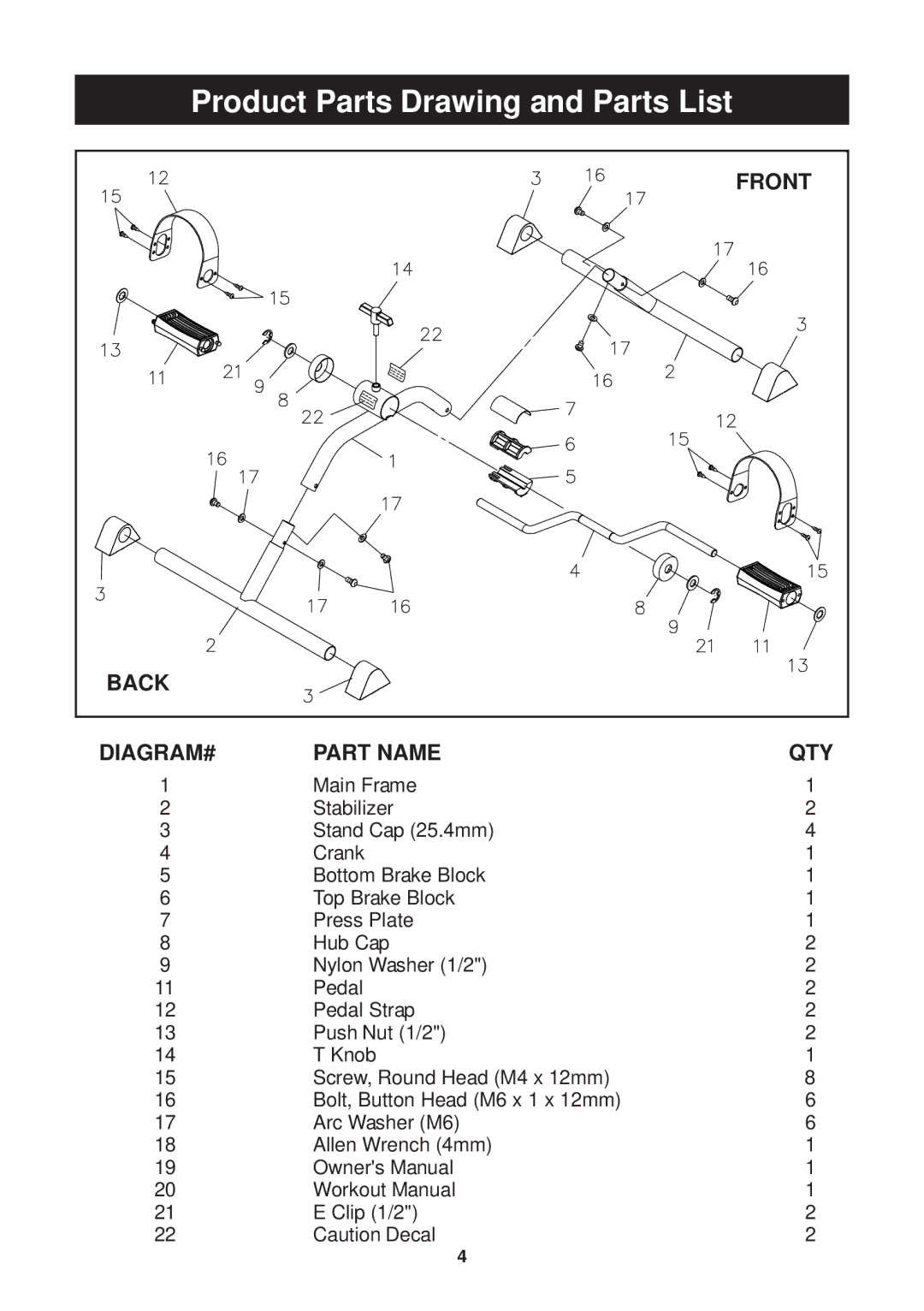 Stamina Products 15 - 0110A, 15 - 0110W, 15-0110BGG, 15 - 0110BW warranty Product Parts Drawing and Parts List 