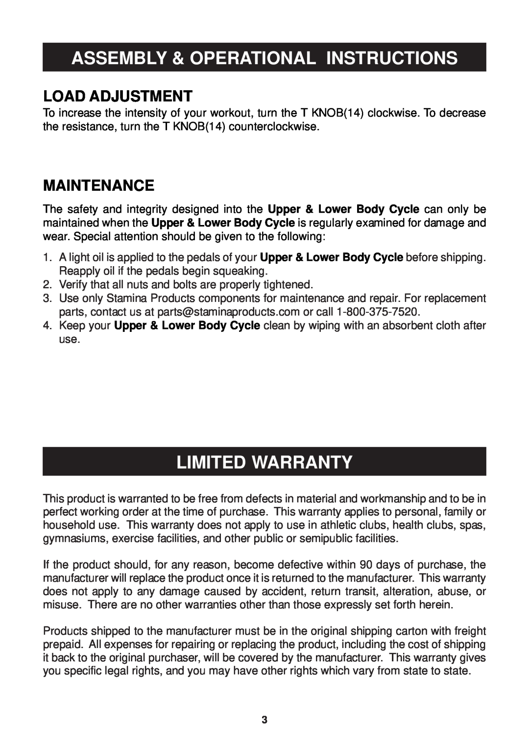 Stamina Products 15 - 0110BW warranty Limited Warranty, Assembly & Operational Instructions, Load Adjustment, Maintenance 