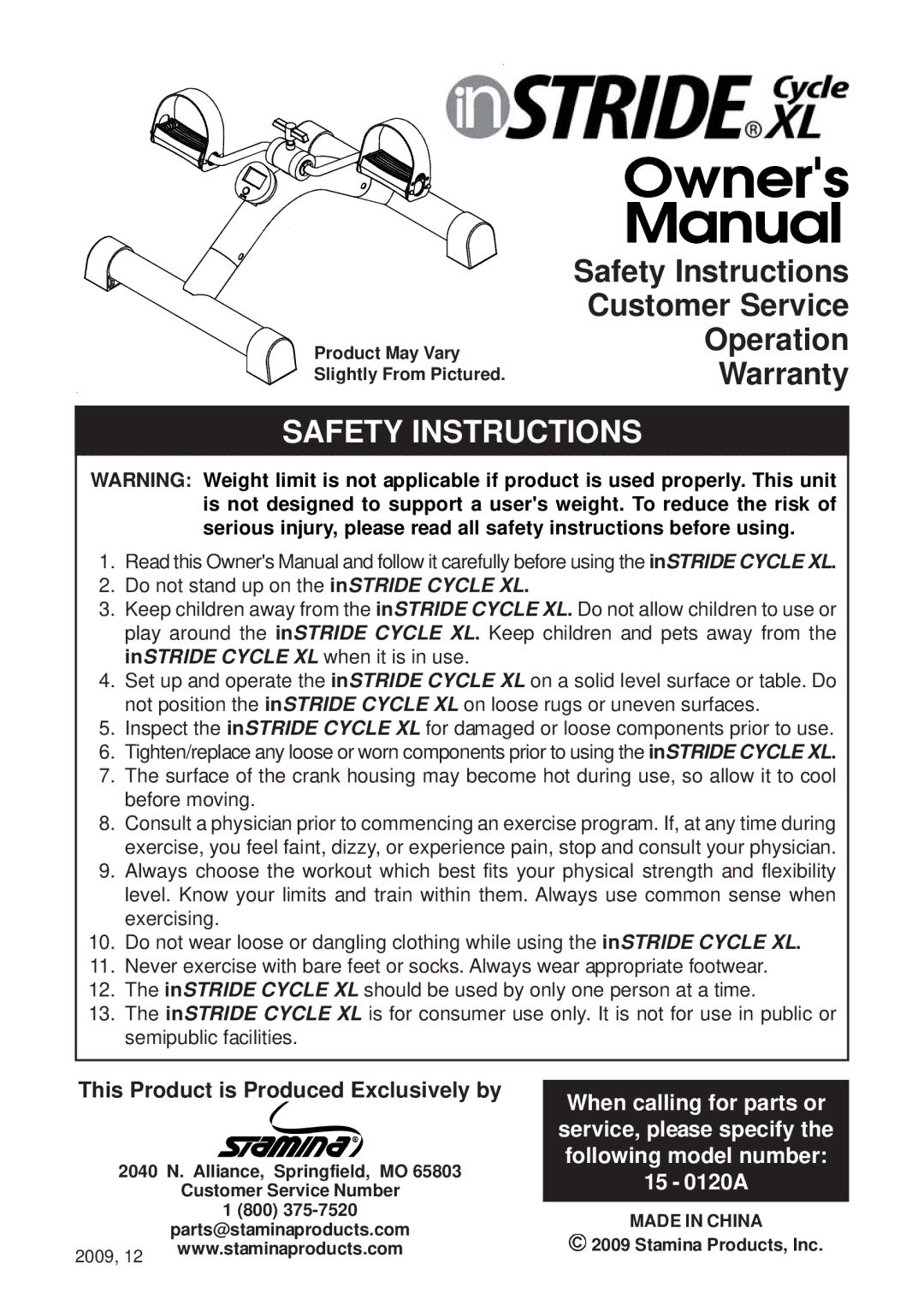 Stamina Products 15 - 0120A warranty Safety Instructions 