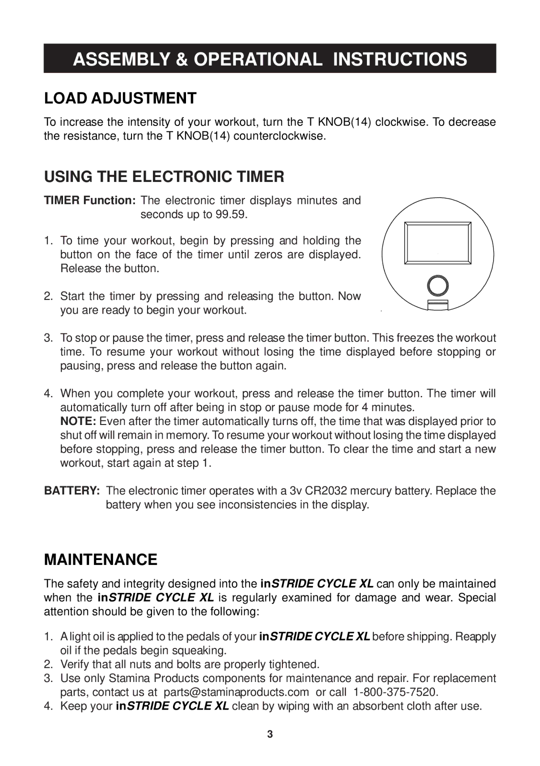 Stamina Products 15 - 0120A warranty Load Adjustment, Using the Electronic Timer 