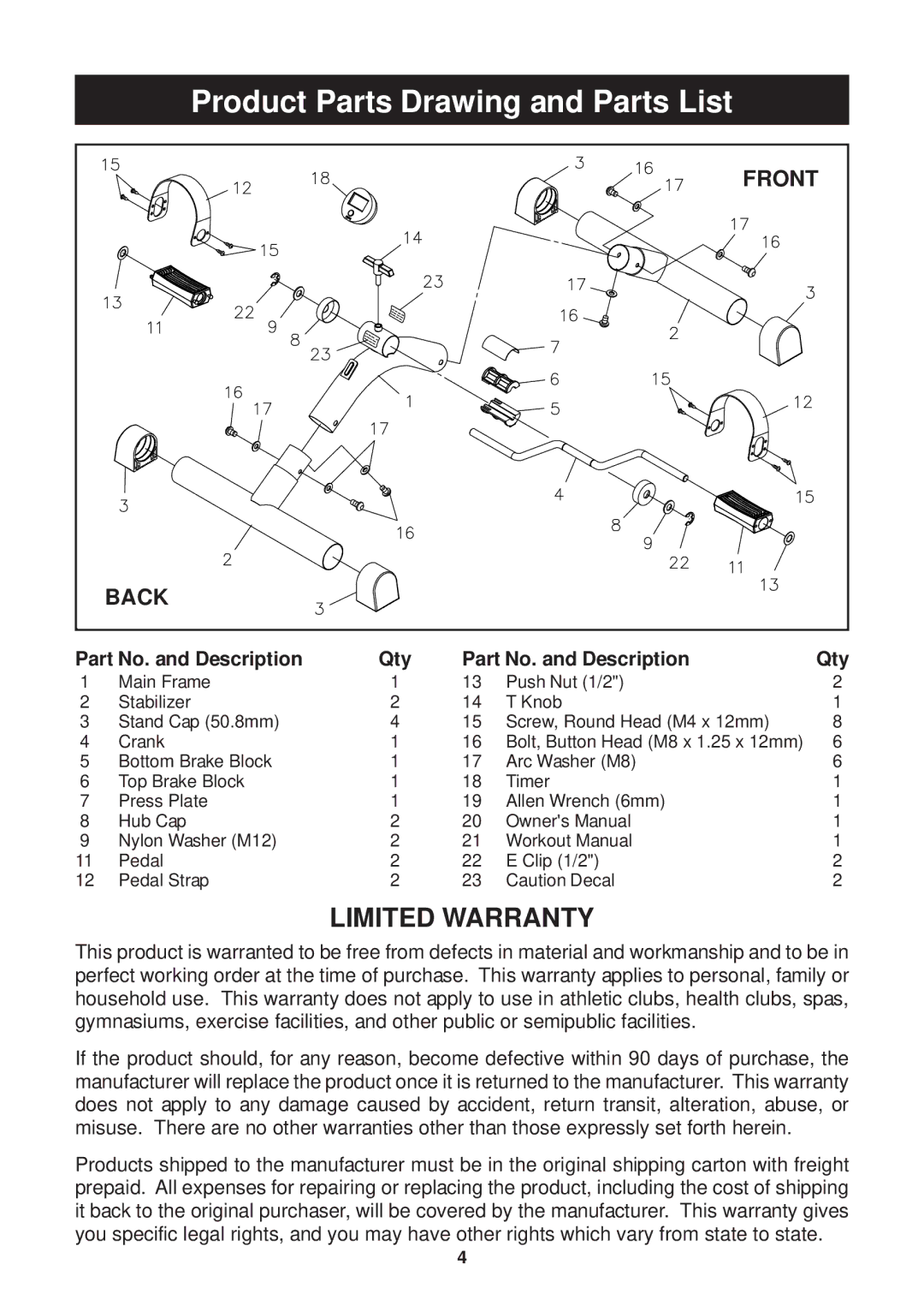 Stamina Products 15 - 0120A warranty Product Parts Drawing and Parts List, Limited Warranty 