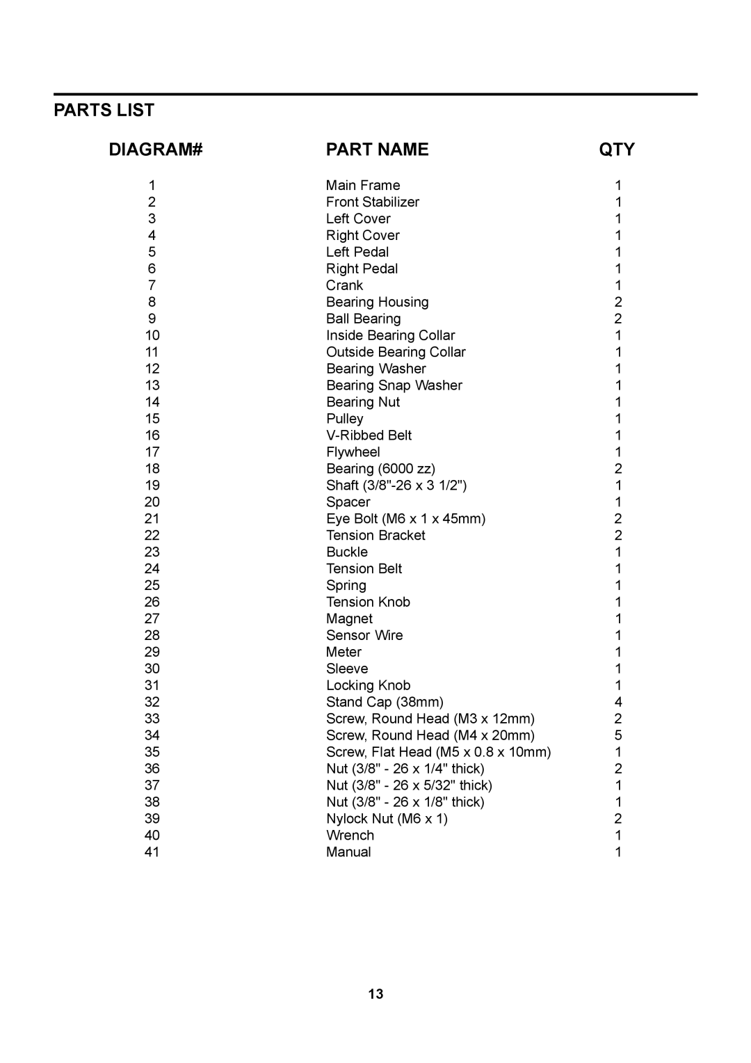 Stamina Products 15-0100 owner manual DIAGRAM# Part Name, Qty 