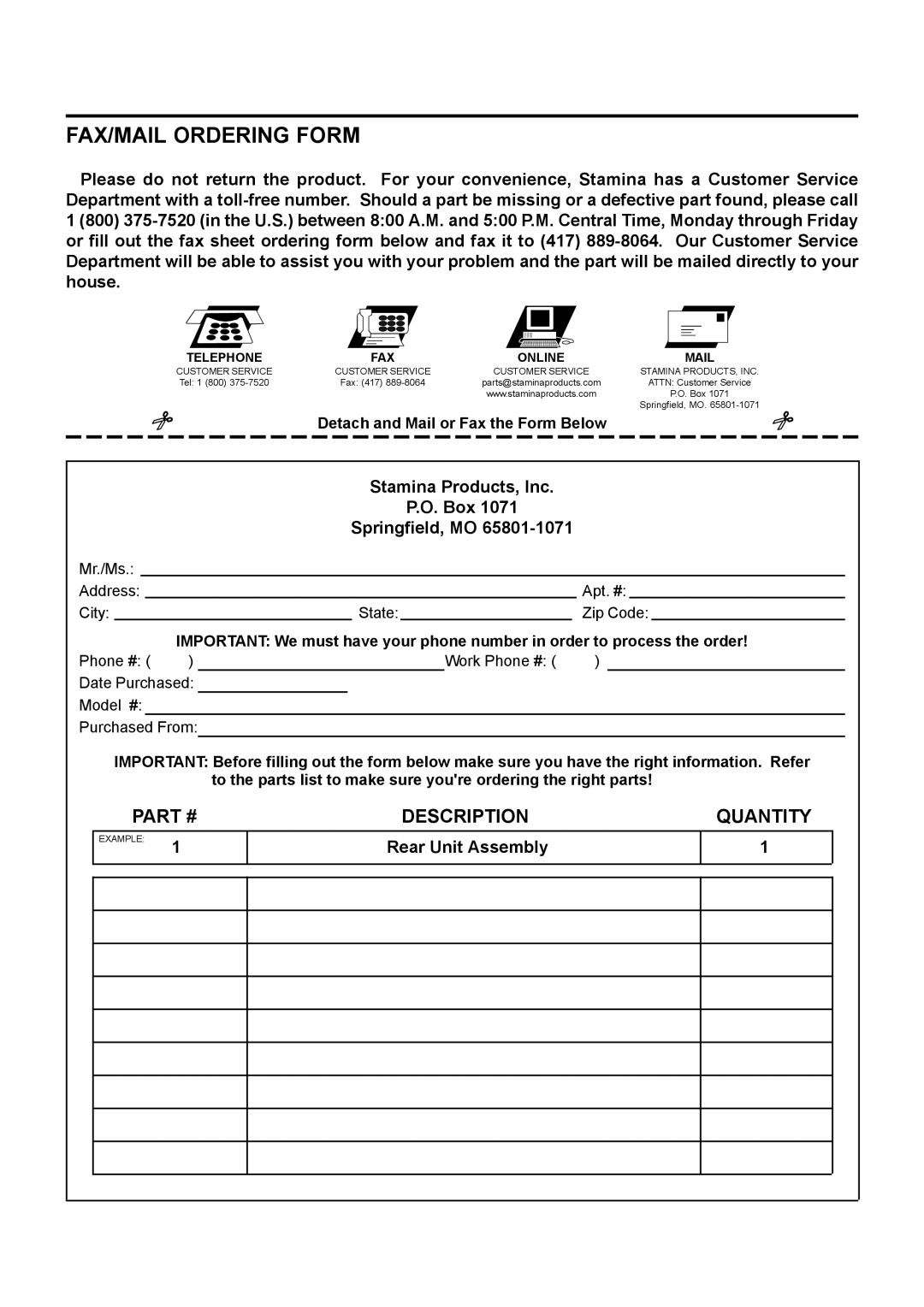 Stamina Products 15-0100 owner manual FAX/MAIL Ordering Form, Telephone FAX Online 