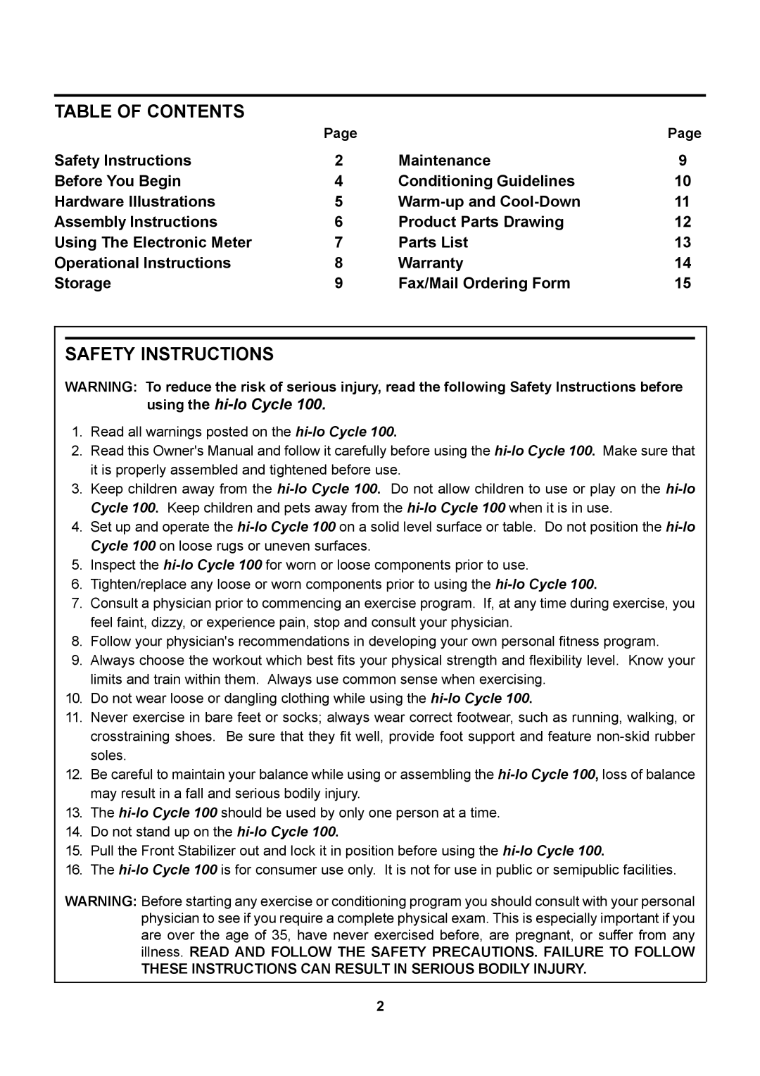 Stamina Products 15-0100 owner manual Table of Contents, Safety Instructions 