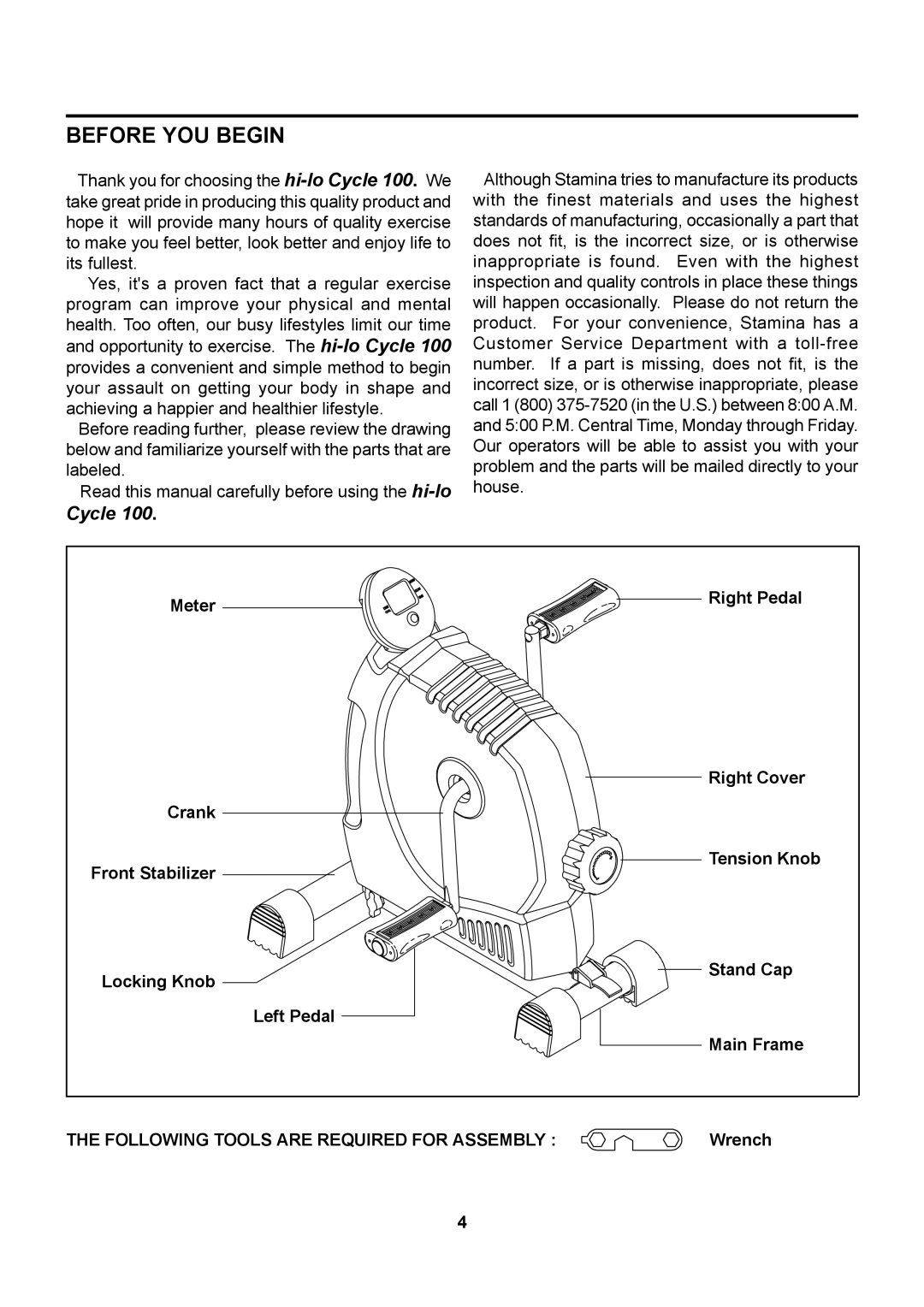 Stamina Products 15-0100 owner manual Before YOU Begin, Cycle 