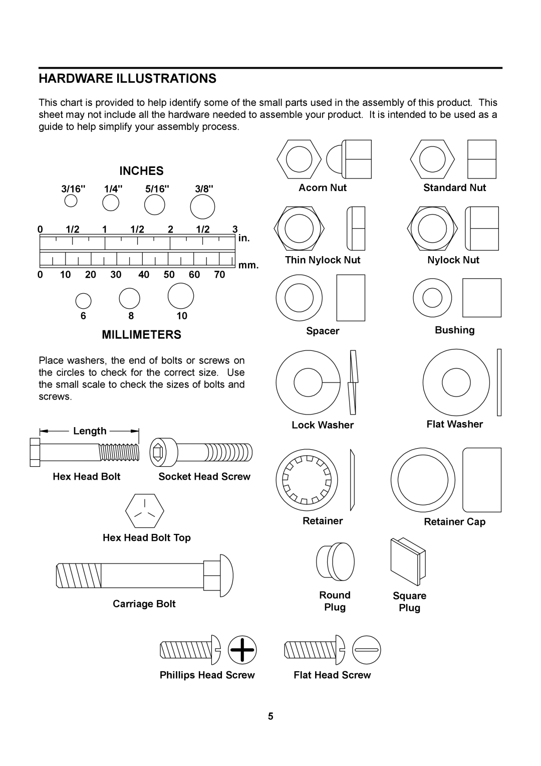 Stamina Products 15-0100 owner manual Hardware Illustrations, Millimeters 