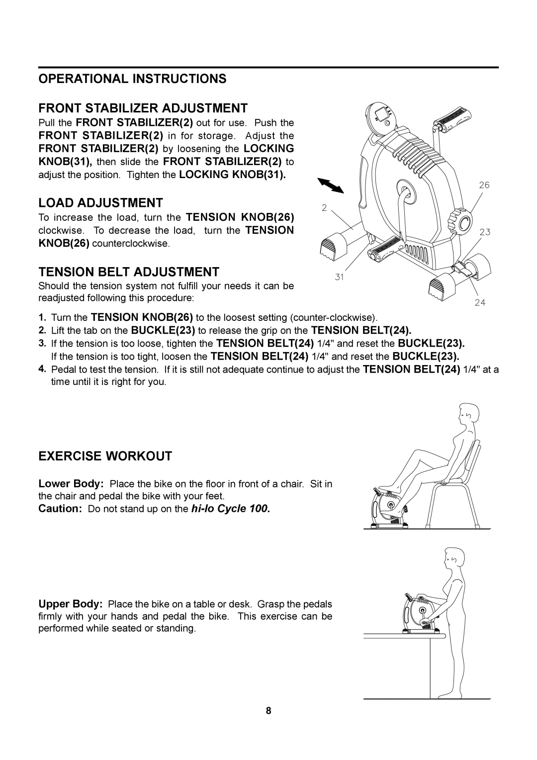 Stamina Products 15-0100 Operational Instructions Front Stabilizer Adjustment, Load Adjustment, Tension Belt Adjustment 