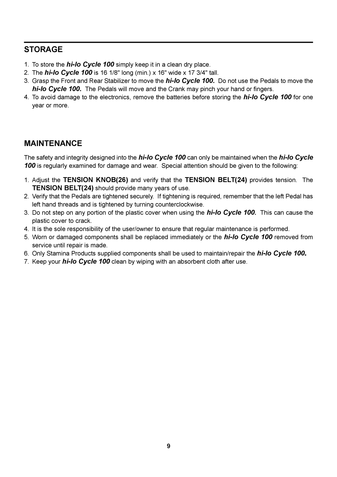 Stamina Products 15-0100 owner manual Storage, Maintenance 