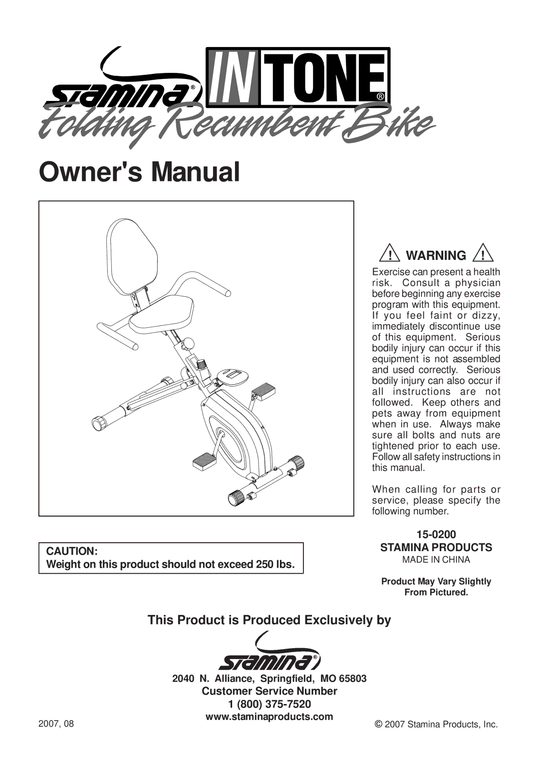 Stamina Products 15-0200 owner manual This Product is Produced Exclusively by 