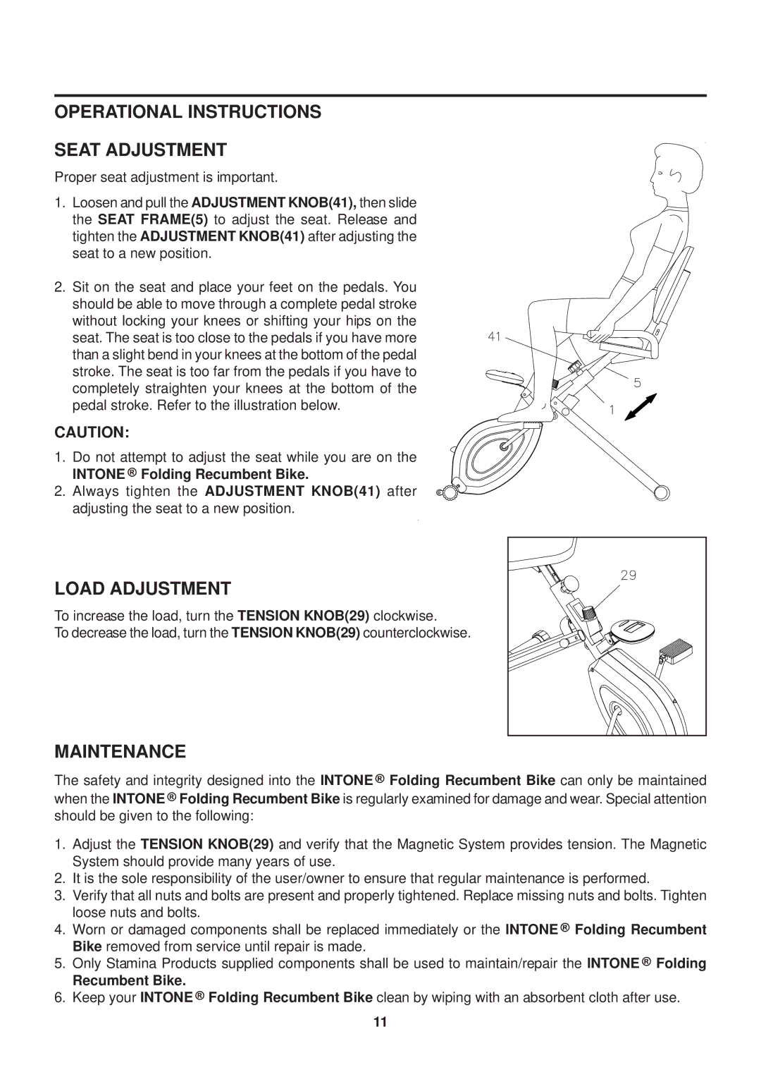 Stamina Products 15-0200 owner manual Operational Instructions Seat Adjustment, Load Adjustment, Maintenance 