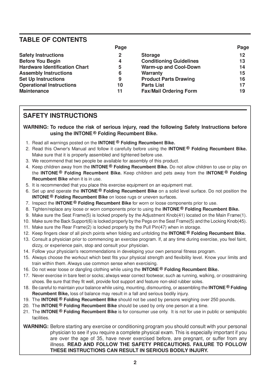 Stamina Products 15-0200 owner manual Table of Contents, Safety Instructions 