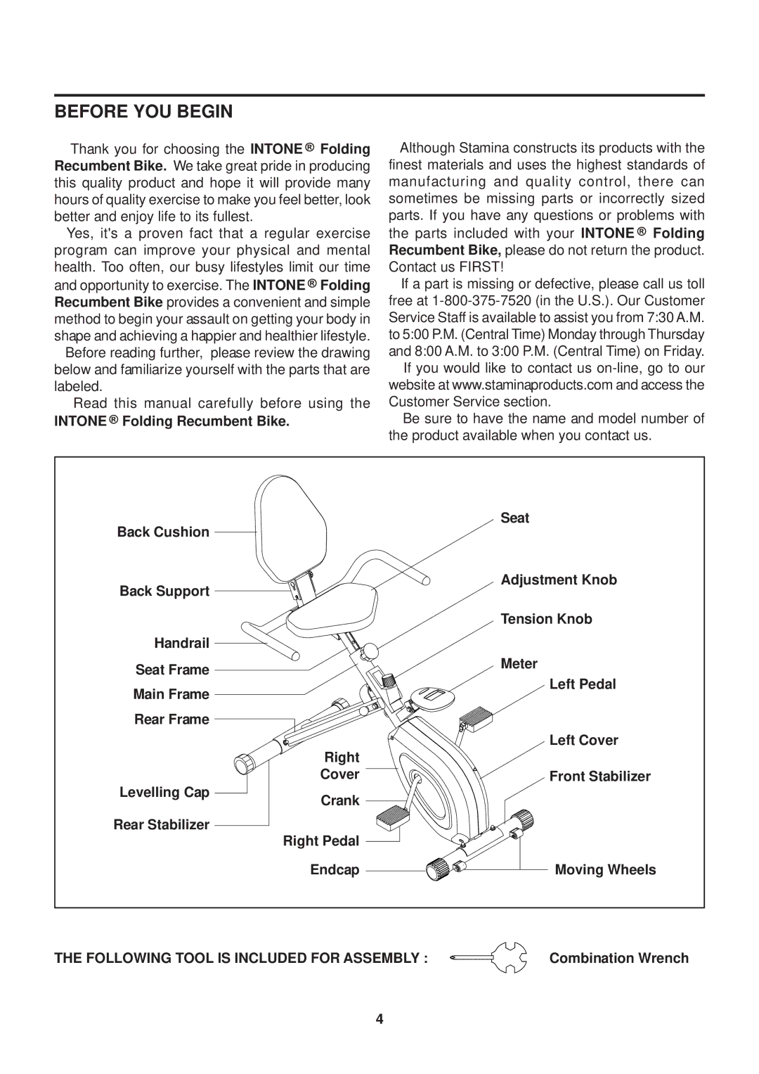 Stamina Products 15-0200 owner manual Before YOU Begin, Intone Folding Recumbent Bike 