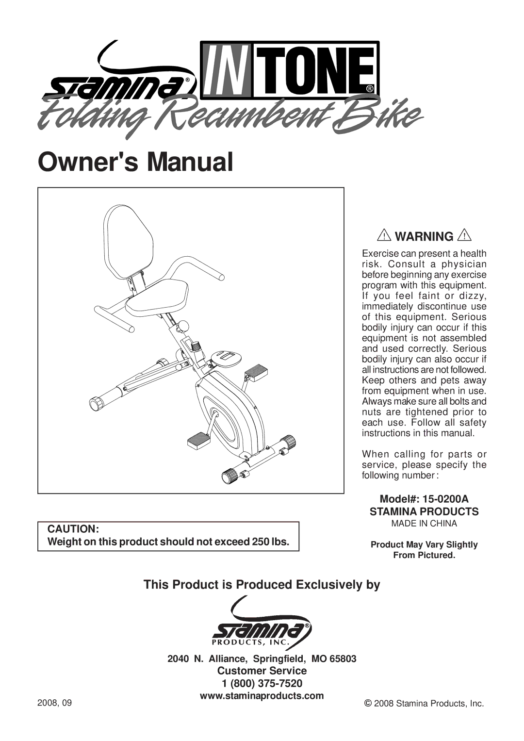 Stamina Products 15-0200A owner manual Weight on this product should not exceed 250 lbs, Stamina Products 