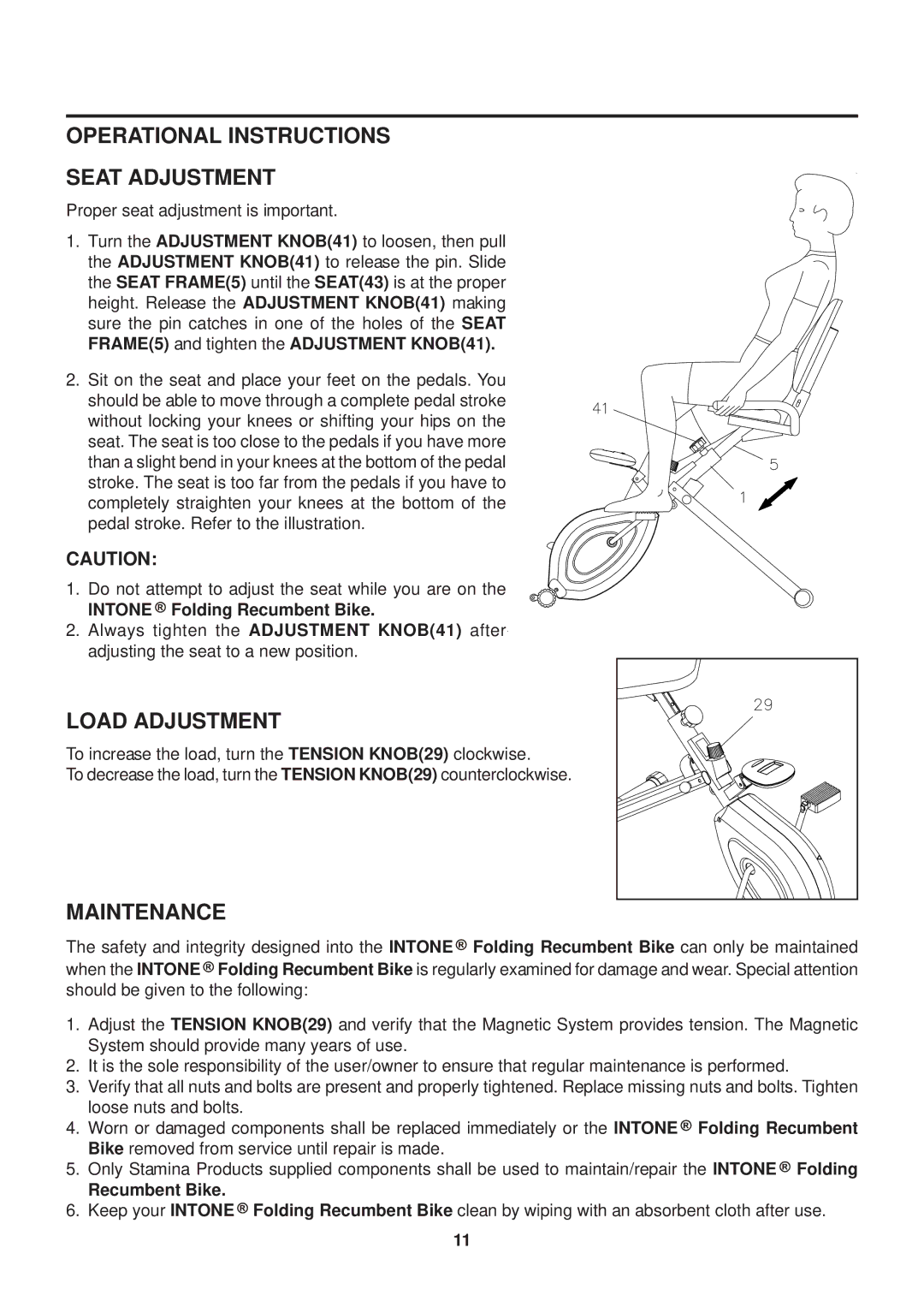 Stamina Products 15-0200A owner manual Operational Instructions Seat Adjustment, Load Adjustment, Maintenance 