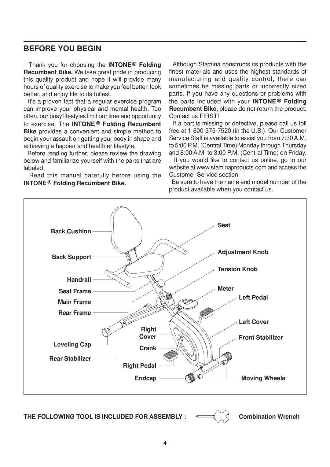 Stamina Products 15-0200A owner manual Before YOU Begin, Intone Folding Recumbent Bike 