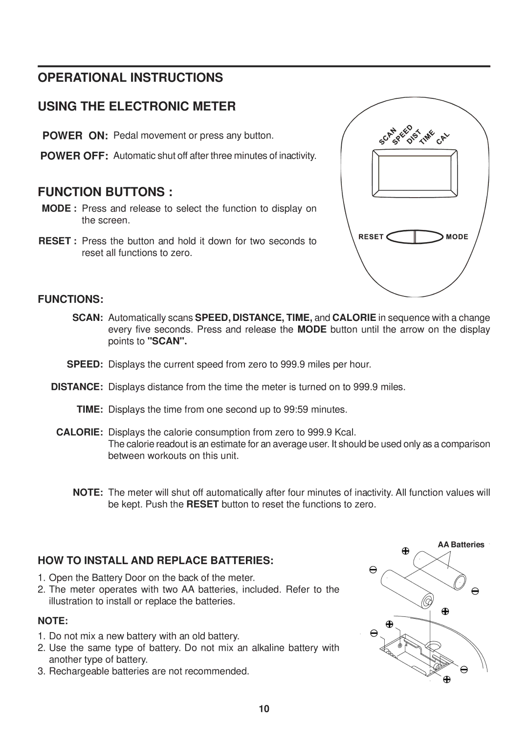 Stamina Products 15-0200C owner manual Operational Instructions Using the Electronic Meter, Function Buttons, Functions 