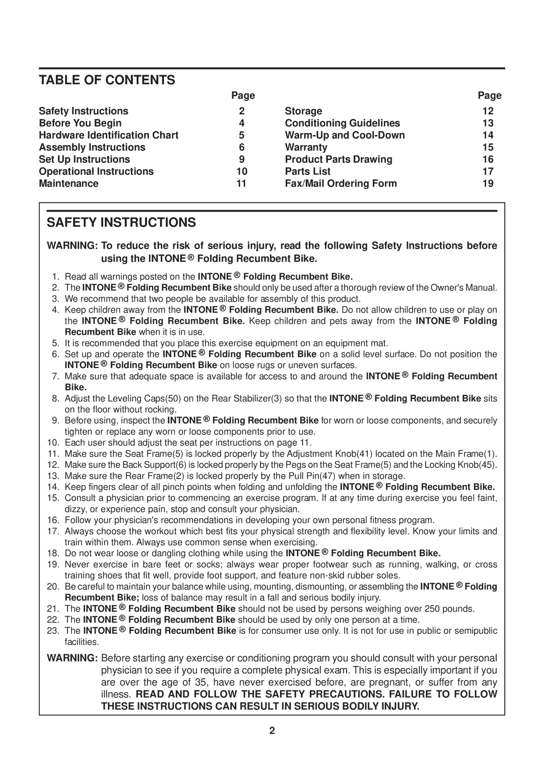 Stamina Products 15-0200C owner manual Table of Contents, Safety Instructions 