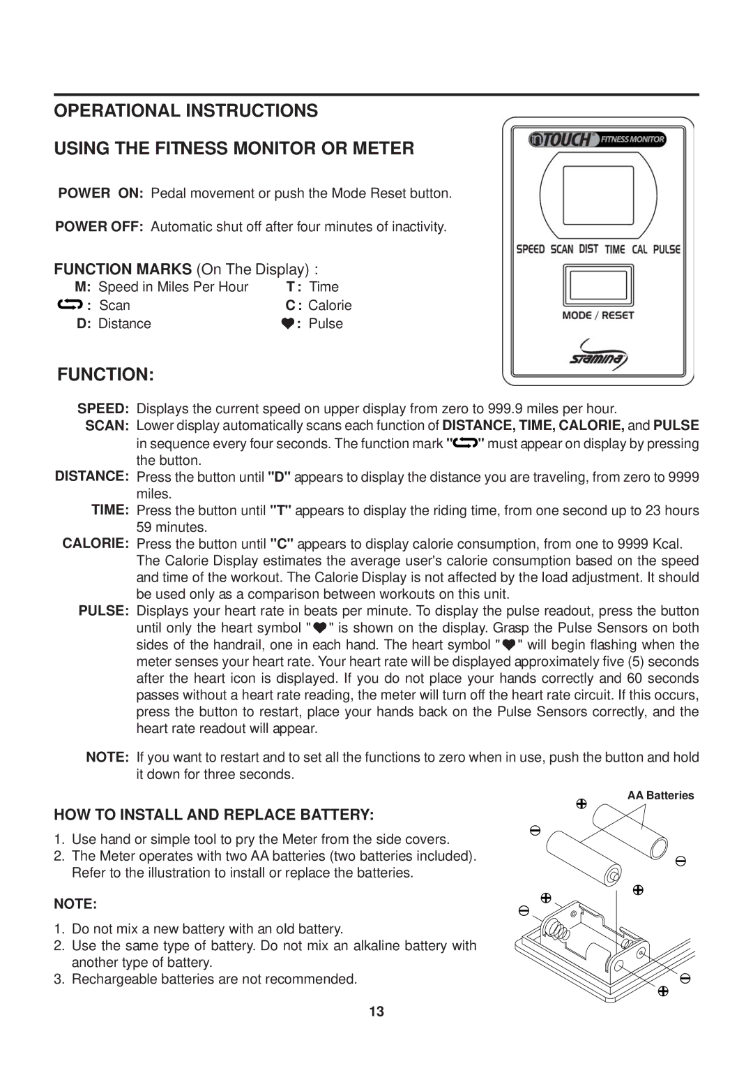 Stamina Products 15-4525 owner manual Operational Instructions Using the Fitness Monitor or Meter, Function 