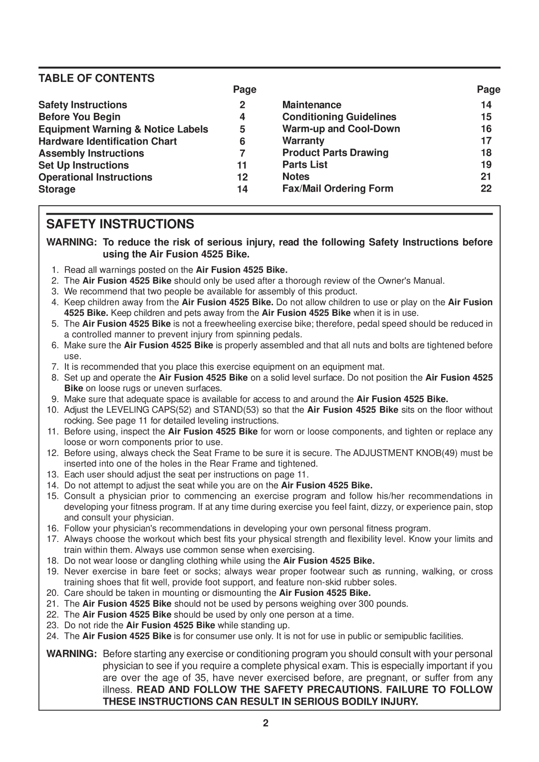 Stamina Products 15-4525 owner manual Safety Instructions, Table of Contents 