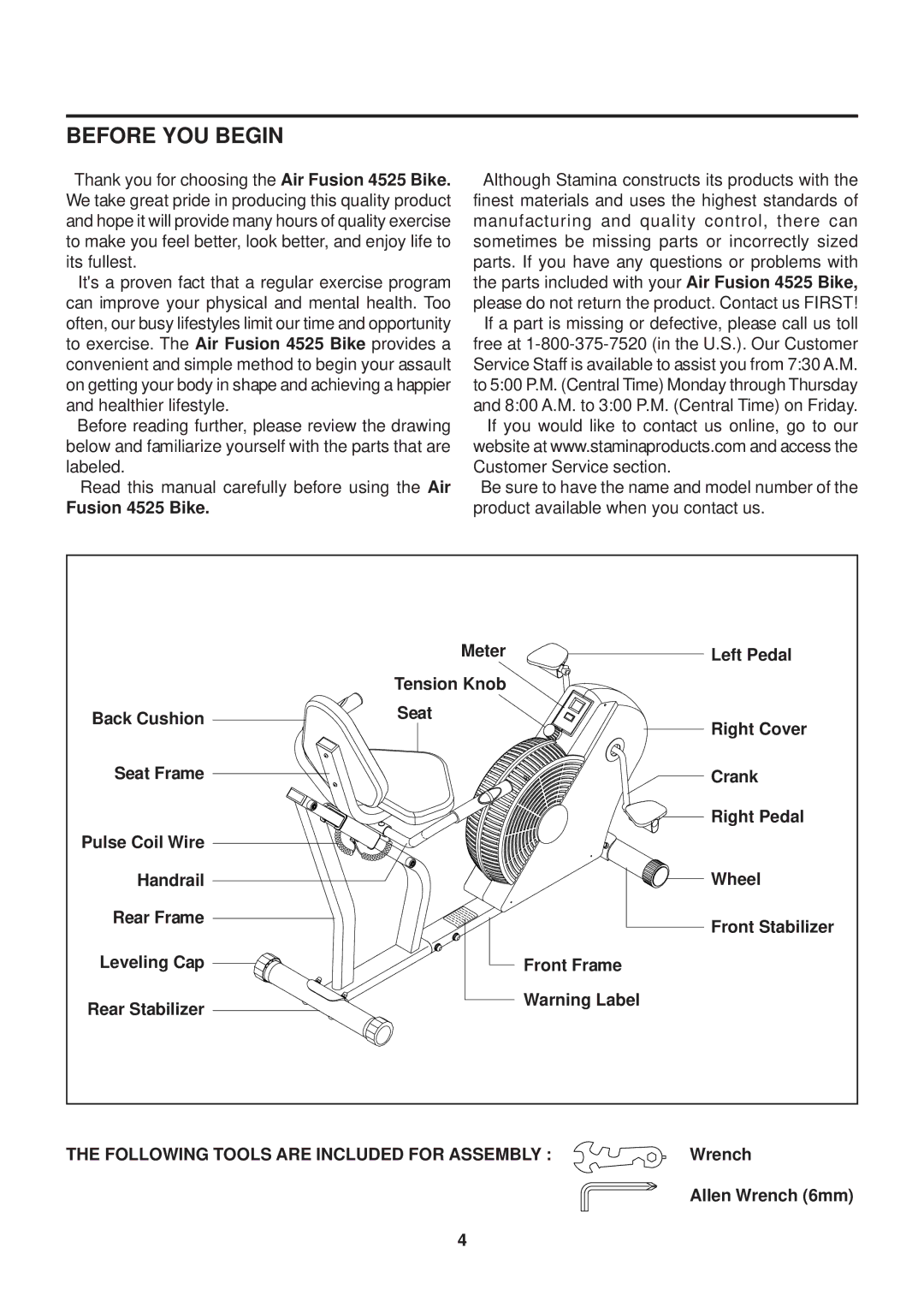 Stamina Products 15-4525 owner manual Before YOU Begin, Fusion 4525 Bike 