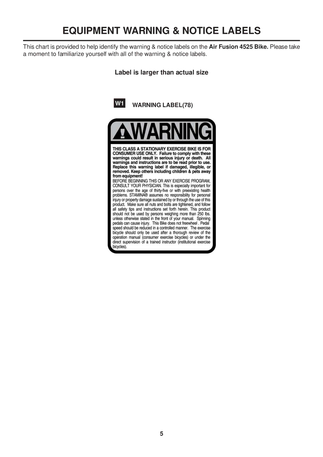 Stamina Products 15-4525 owner manual Equipment Warning & Notice Labels 