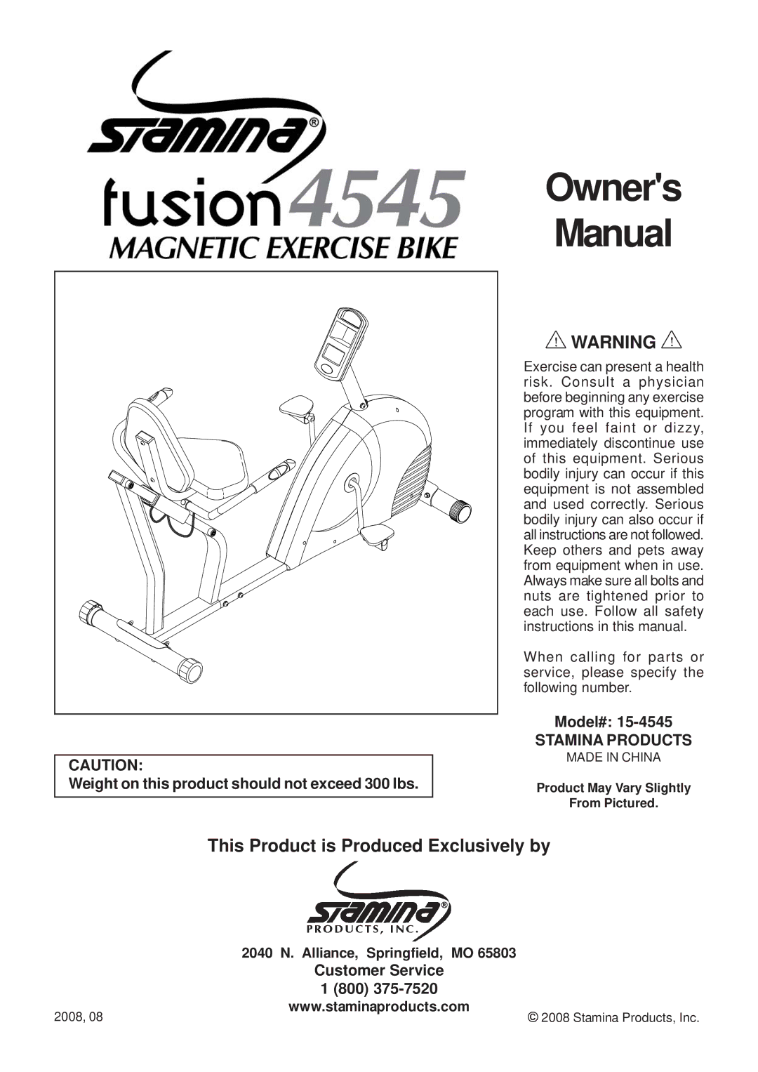 Stamina Products 15-4545 owner manual This Product is Produced Exclusively by, Stamina Products 