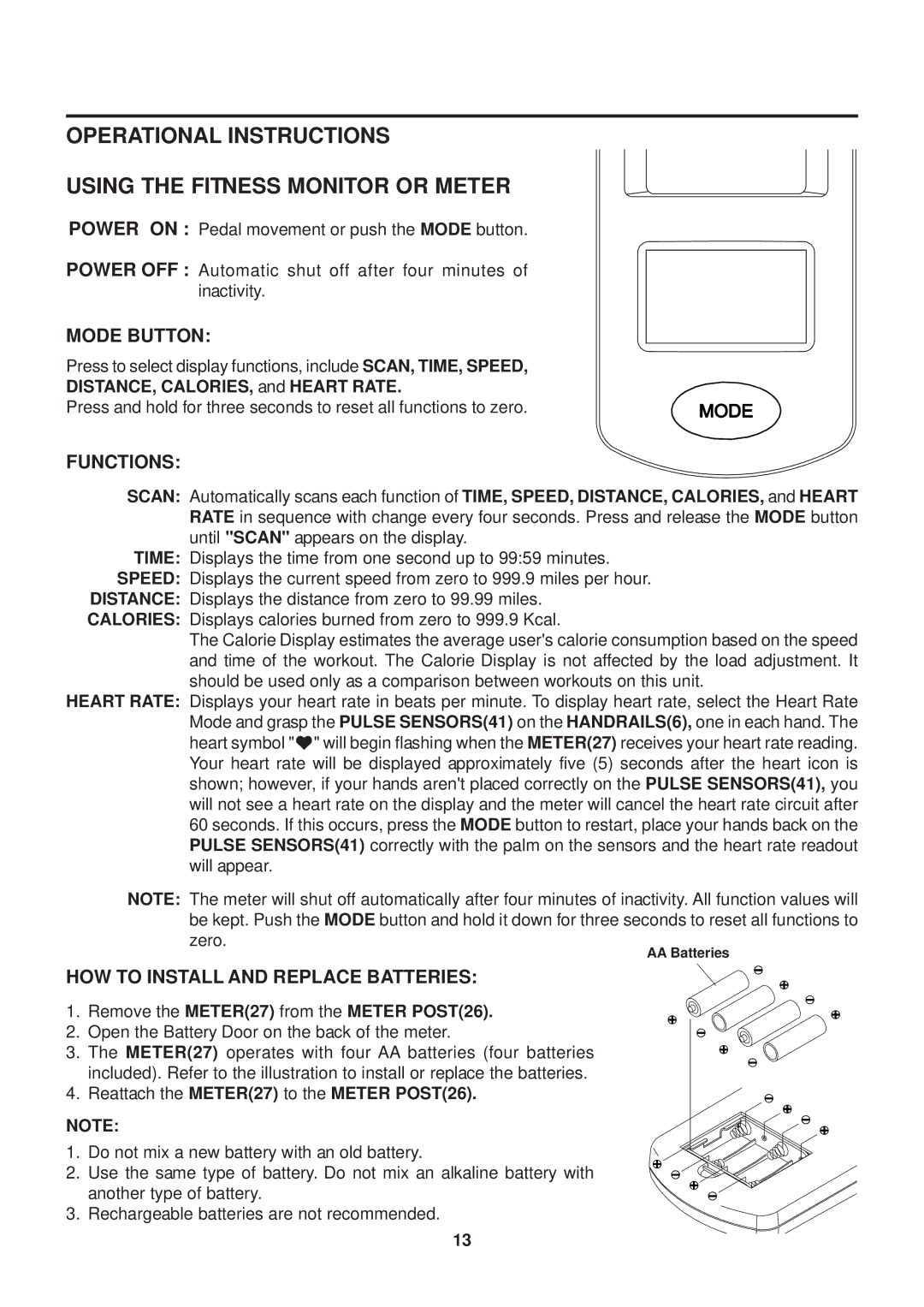 Stamina Products 15-4545 owner manual Operational Instructions Using the Fitness Monitor or Meter, Mode Button, Functions 