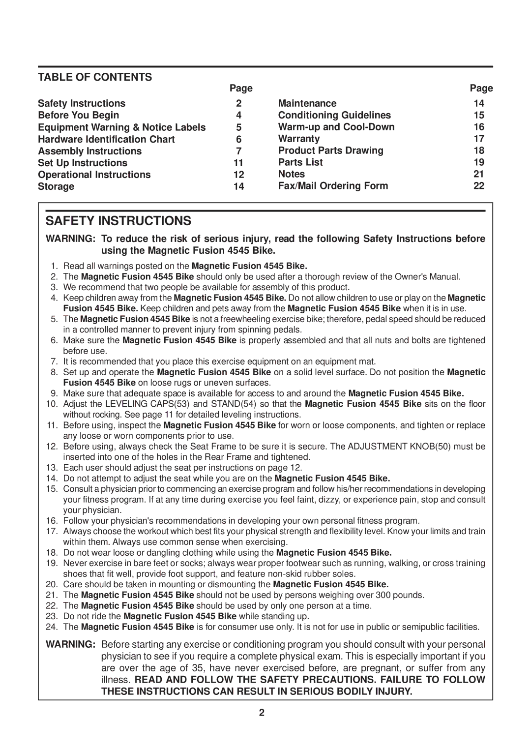 Stamina Products 15-4545 owner manual Safety Instructions, Table of Contents 