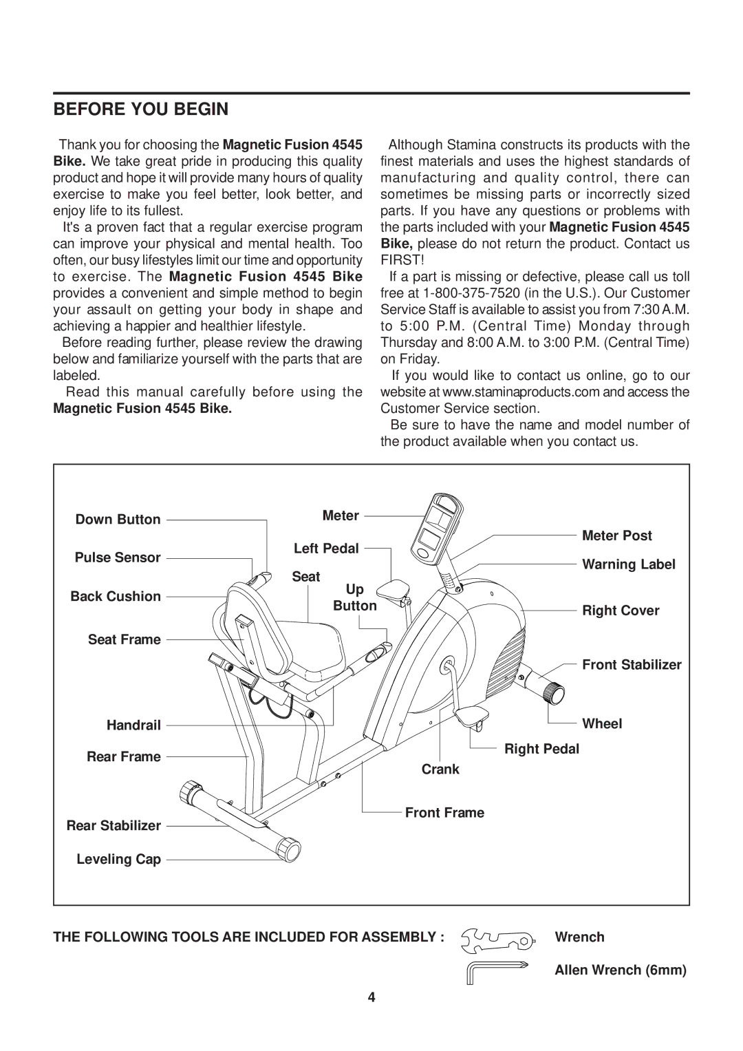 Stamina Products 15-4545 owner manual Before YOU Begin, Magnetic Fusion 4545 Bike 