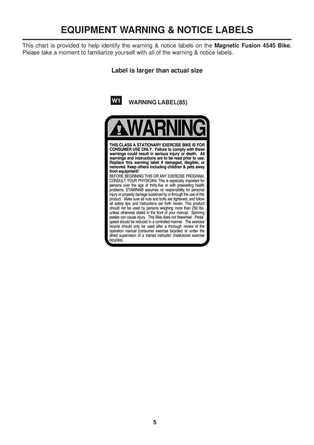 Stamina Products 15-4545 owner manual Equipment Warning & Notice Labels 