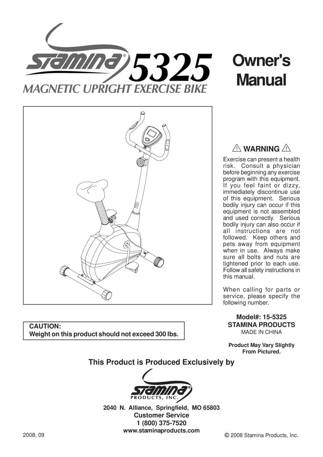 Stamina Products 15-5325 owner manual Owners Manual, Stamina Products 