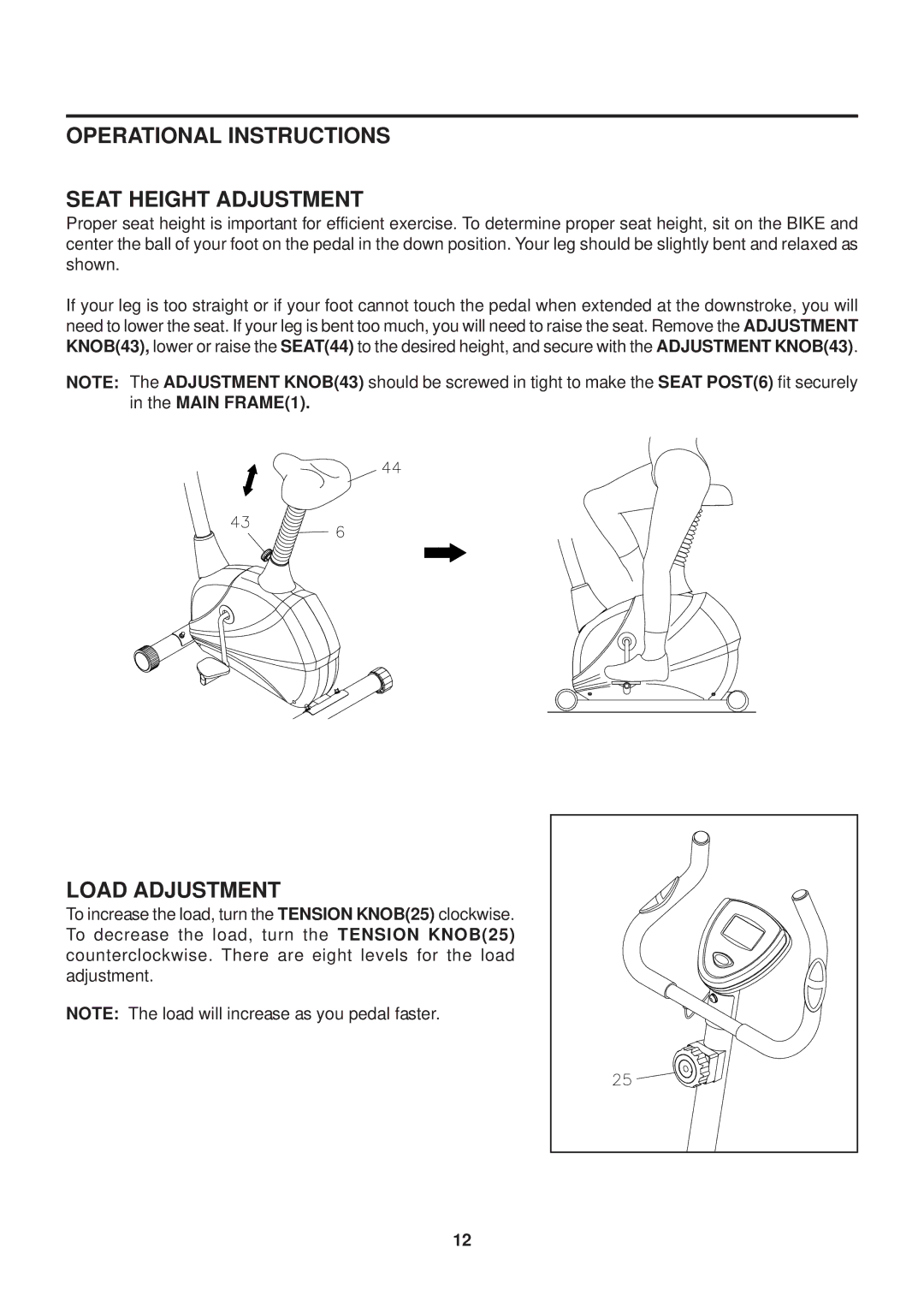 Stamina Products 15-5325 owner manual Operational Instructions Seat Height Adjustment, Load Adjustment 