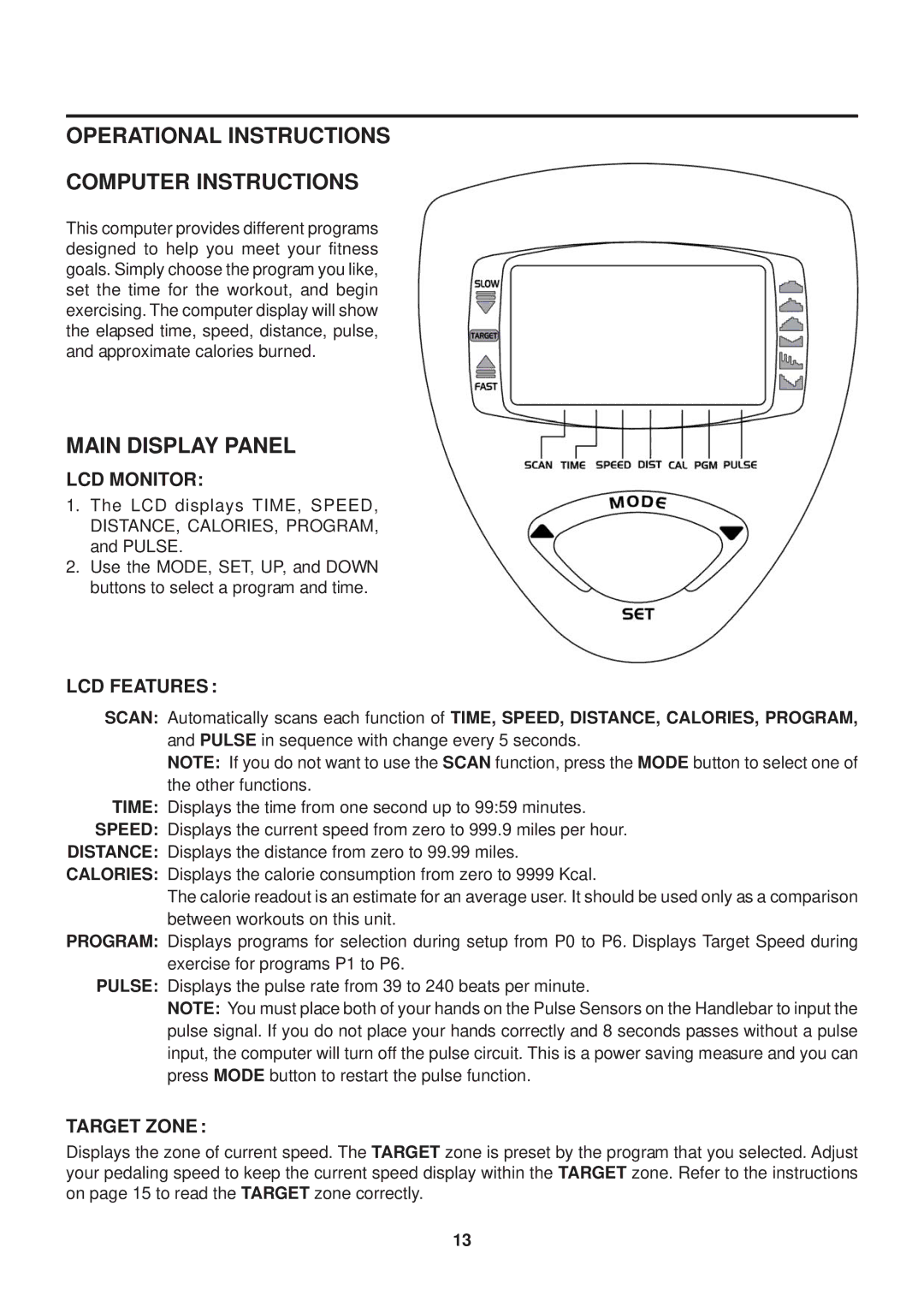 Stamina Products 15-5325 Operational Instructions Computer Instructions, Main Display Panel, LCD Monitor, LCD Features 