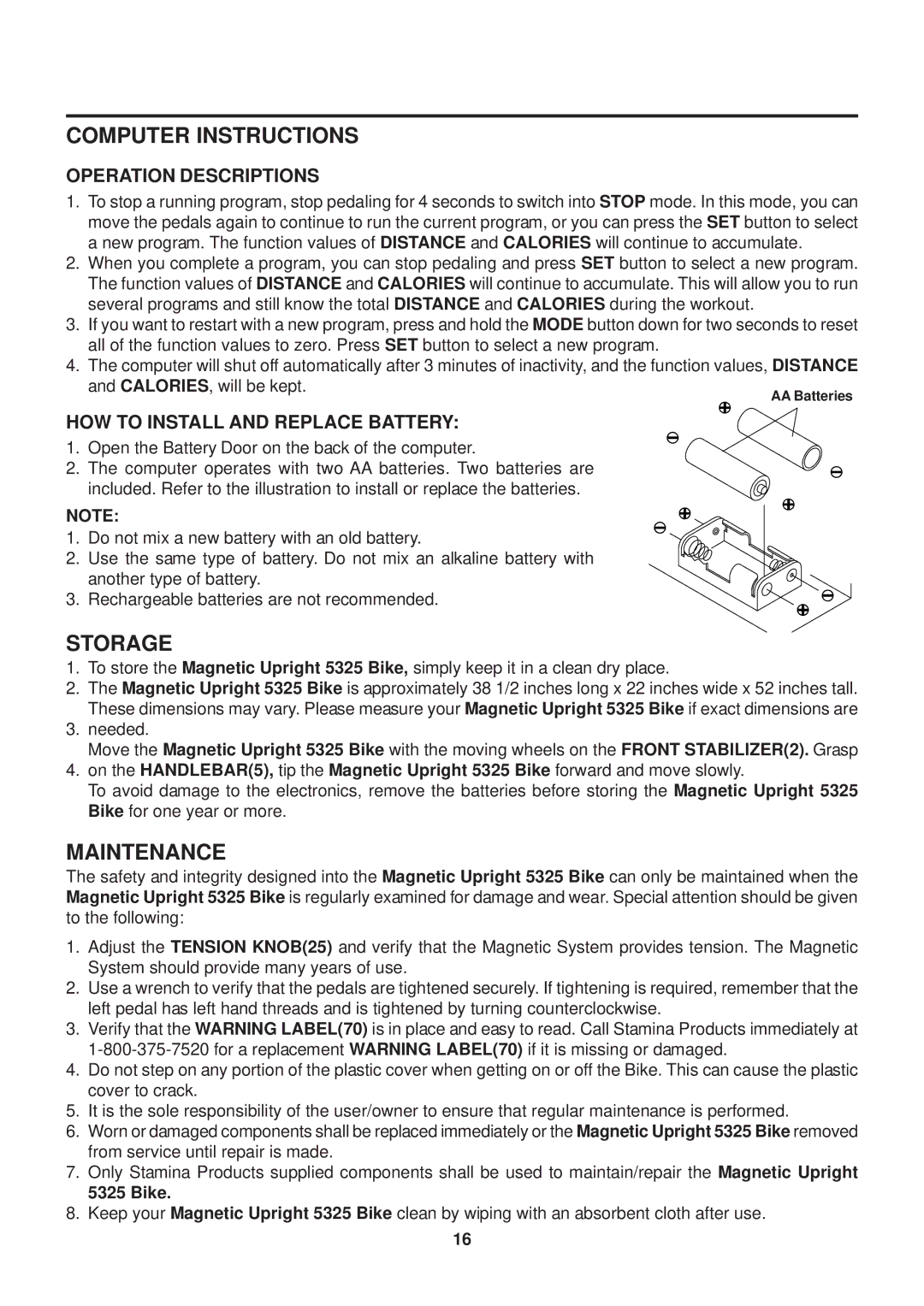 Stamina Products 15-5325 owner manual Storage, Maintenance, Operation Descriptions, HOW to Install and Replace Battery 