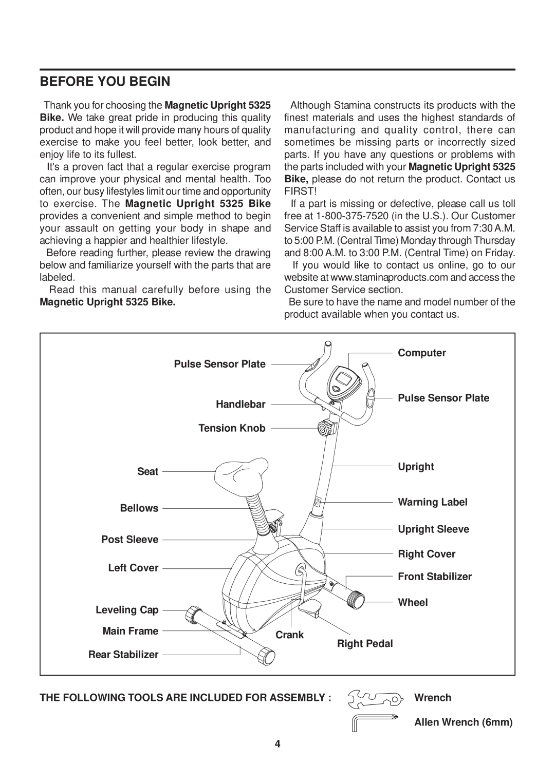 Stamina Products 15-5325 owner manual Before YOU Begin, Magnetic Upright 5325 Bike 