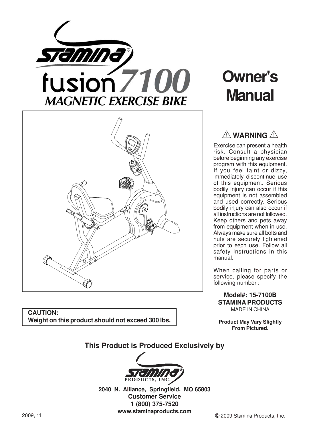 Stamina Products 15-7100B owner manual Owners Manual, Stamina Products 