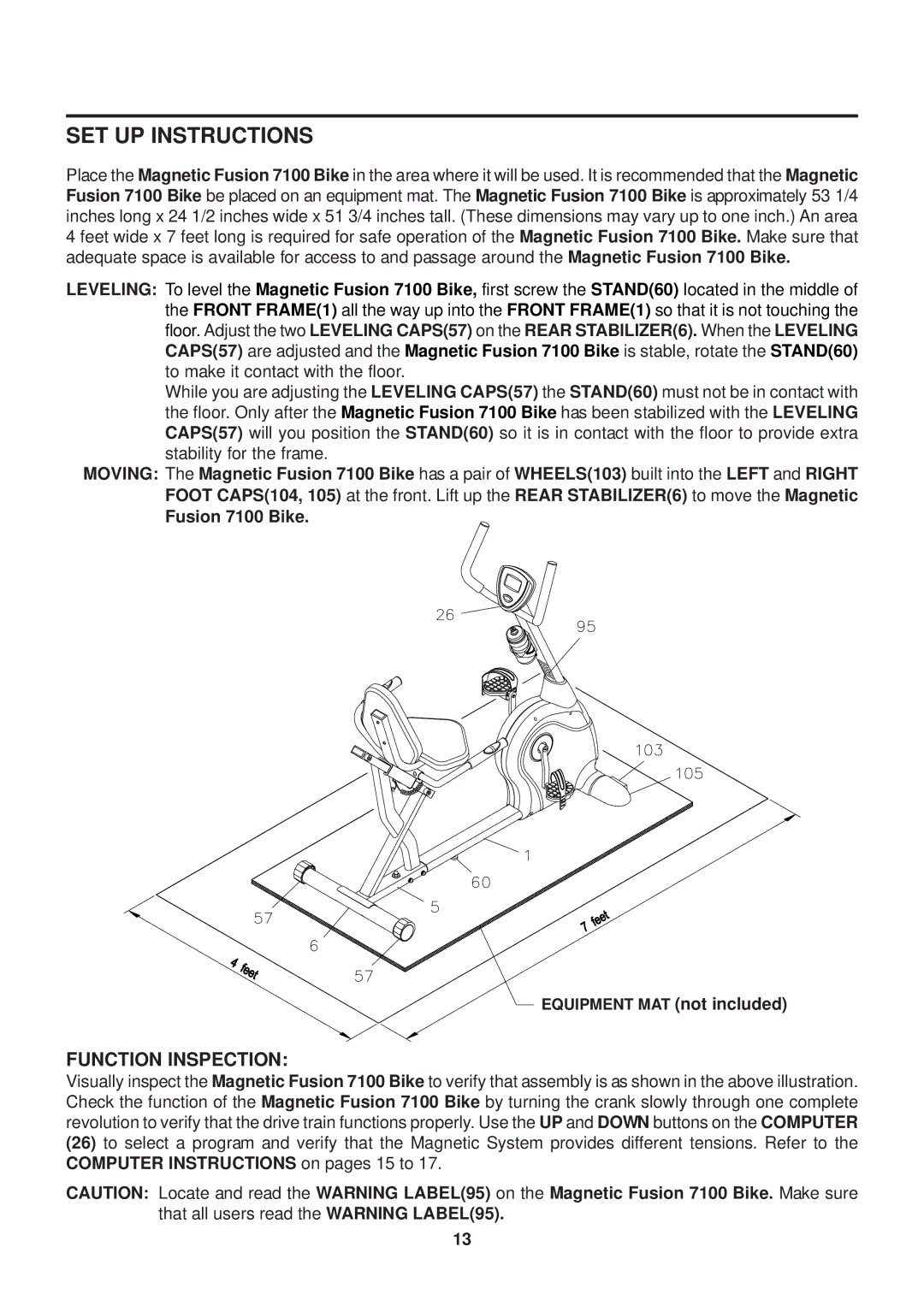 Stamina Products 15-7100B owner manual SET UP Instructions, Function Inspection 