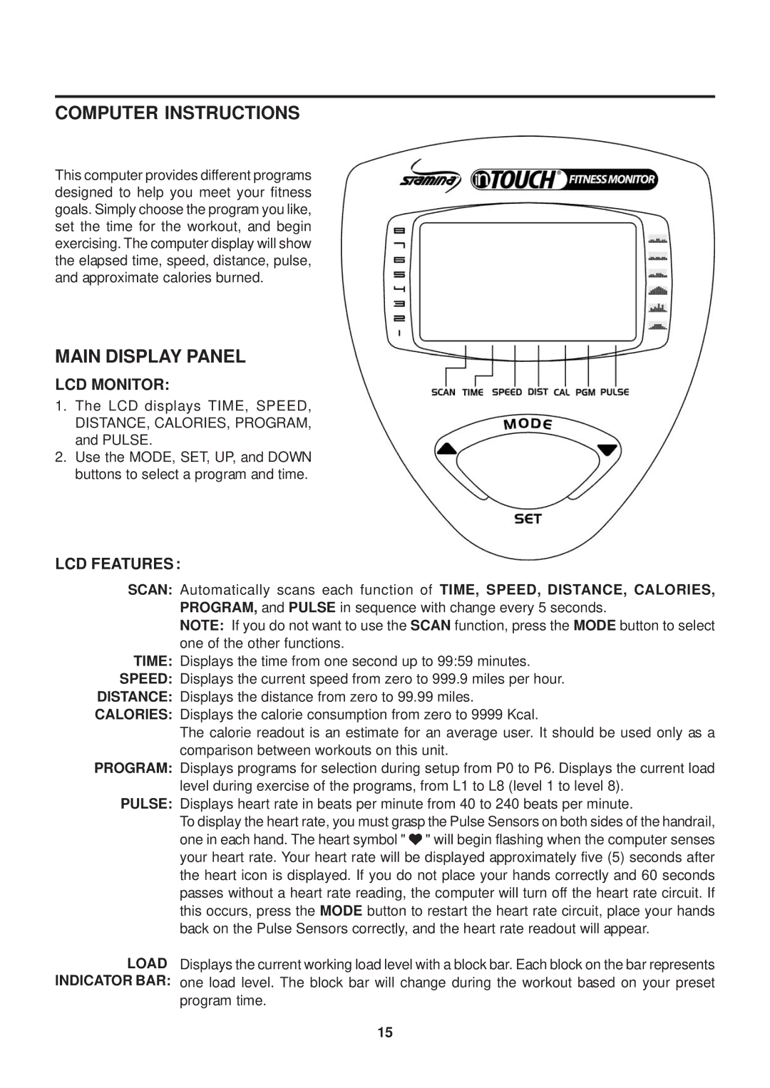 Stamina Products 15-7100B owner manual Computer Instructions, Main Display Panel, LCD Monitor, LCD Features 