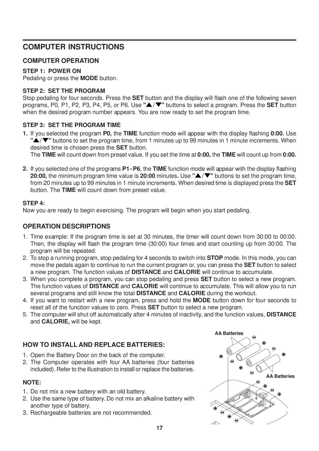 Stamina Products 15-7100B owner manual Computer Operation, Operation Descriptions, HOW to Install and Replace Batteries 